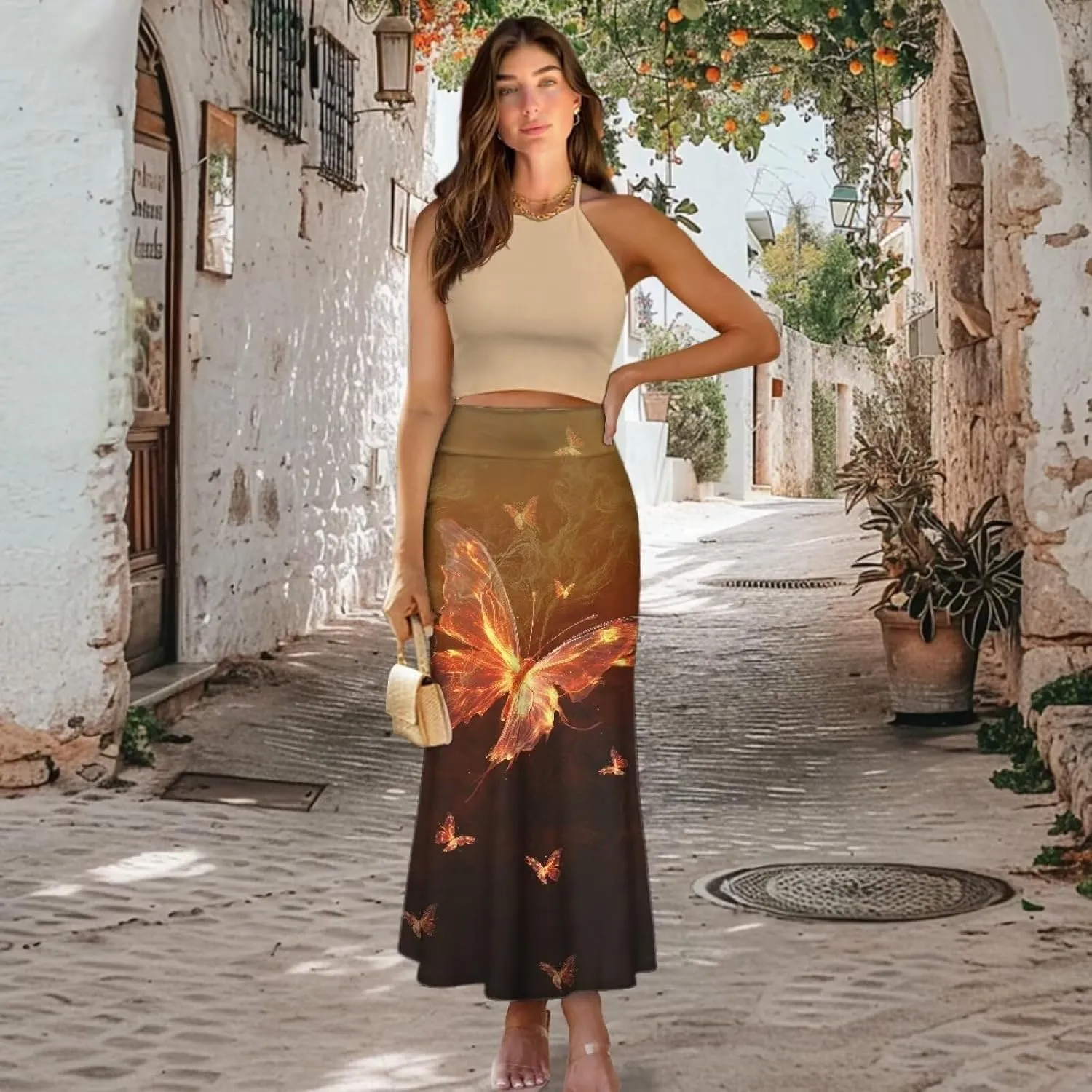 Summer Skirt for Women Empire Waist Dress Pencil Skirts with Side Zipper Lightweight Long Maxi Skirts Bohemian Skirt