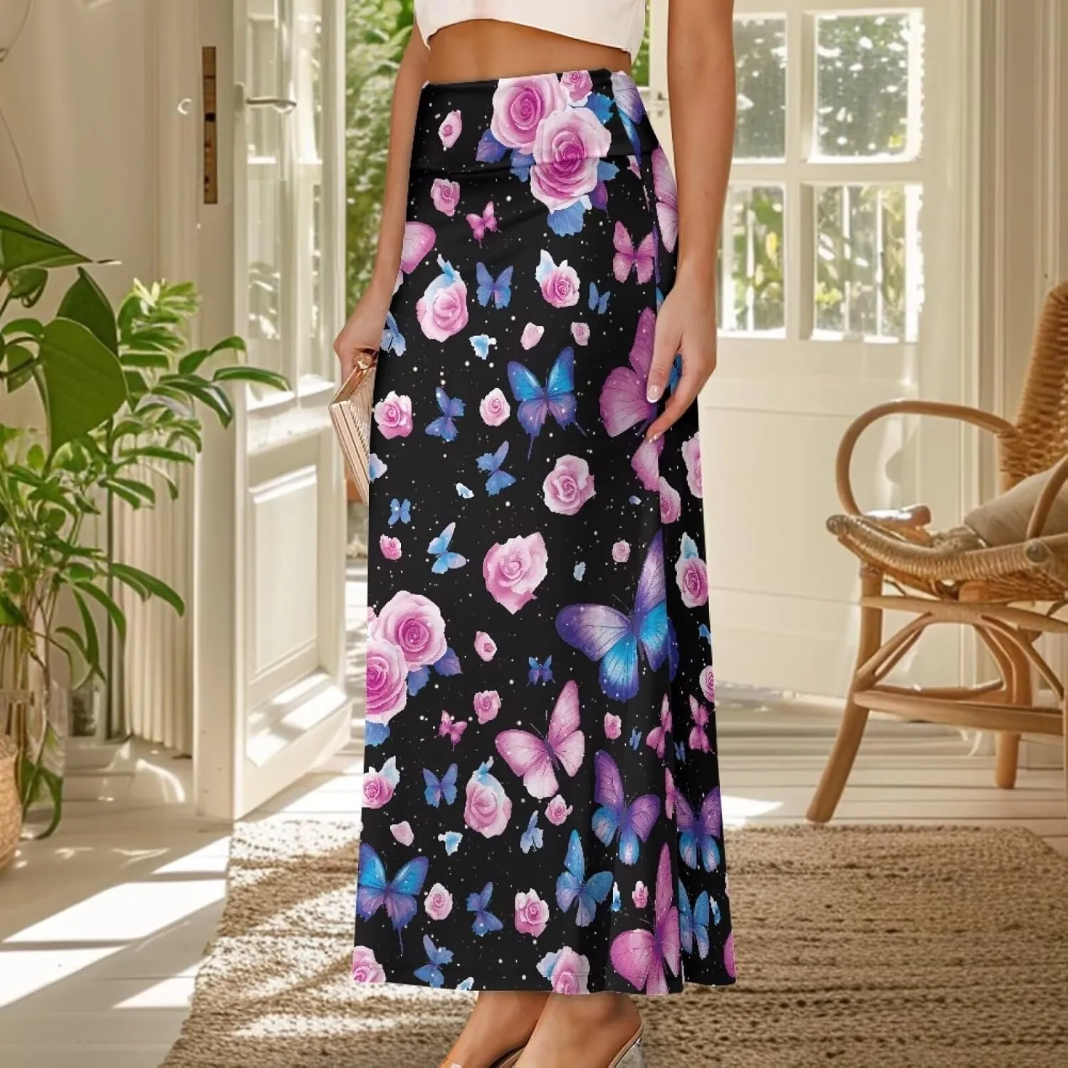 Summer Skirt for Women Empire Waist Dress Pencil Skirts with Side Zipper Lightweight Long Maxi Skirts Bohemian Skirt