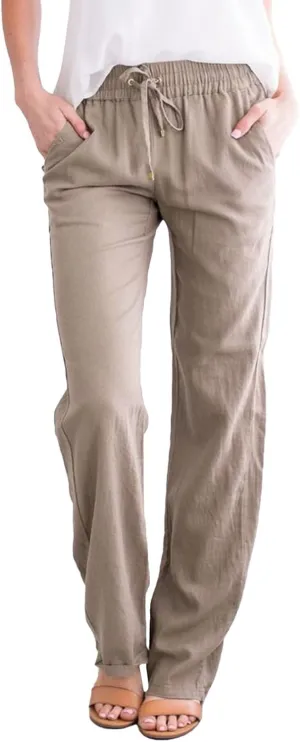 Summer Women Drawstring High Waist Linen Lounge Pants Pockets Straight Trouser Soft Jogger Sweatpants Adjustable, Small, H-khaki