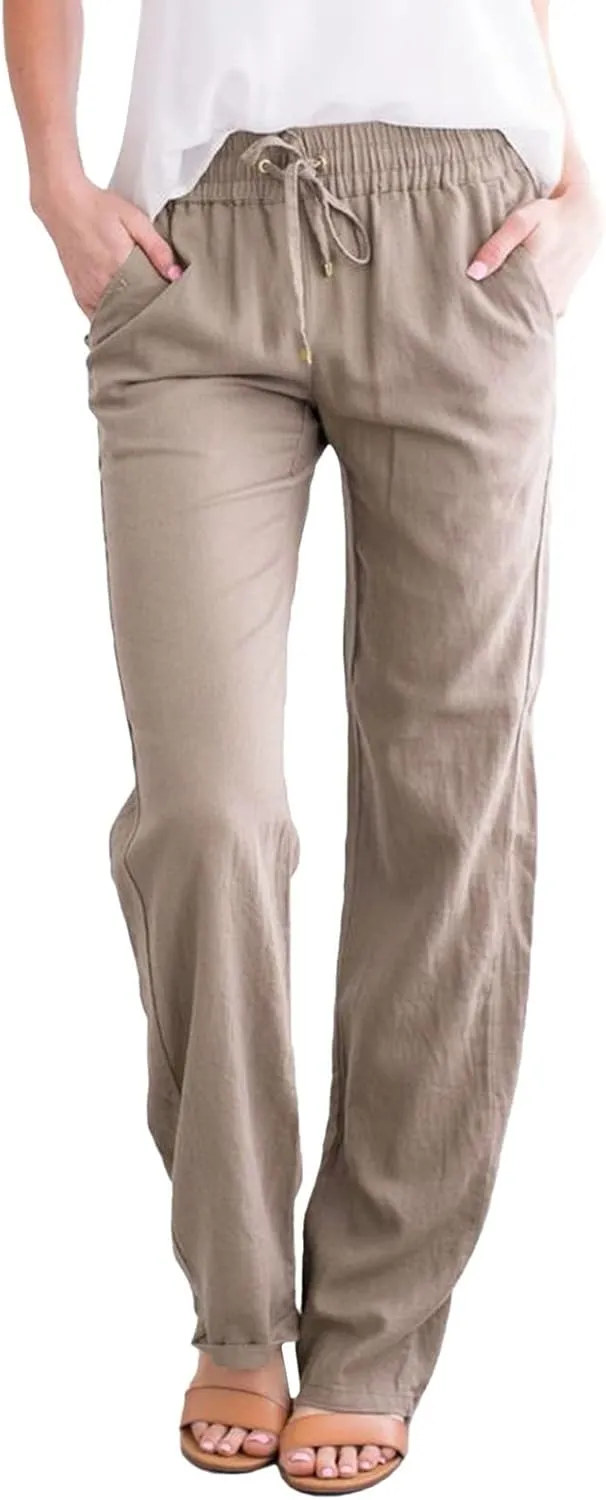Summer Women Drawstring High Waist Linen Lounge Pants Pockets Straight Trouser Soft Jogger Sweatpants Adjustable, Small, H-khaki
