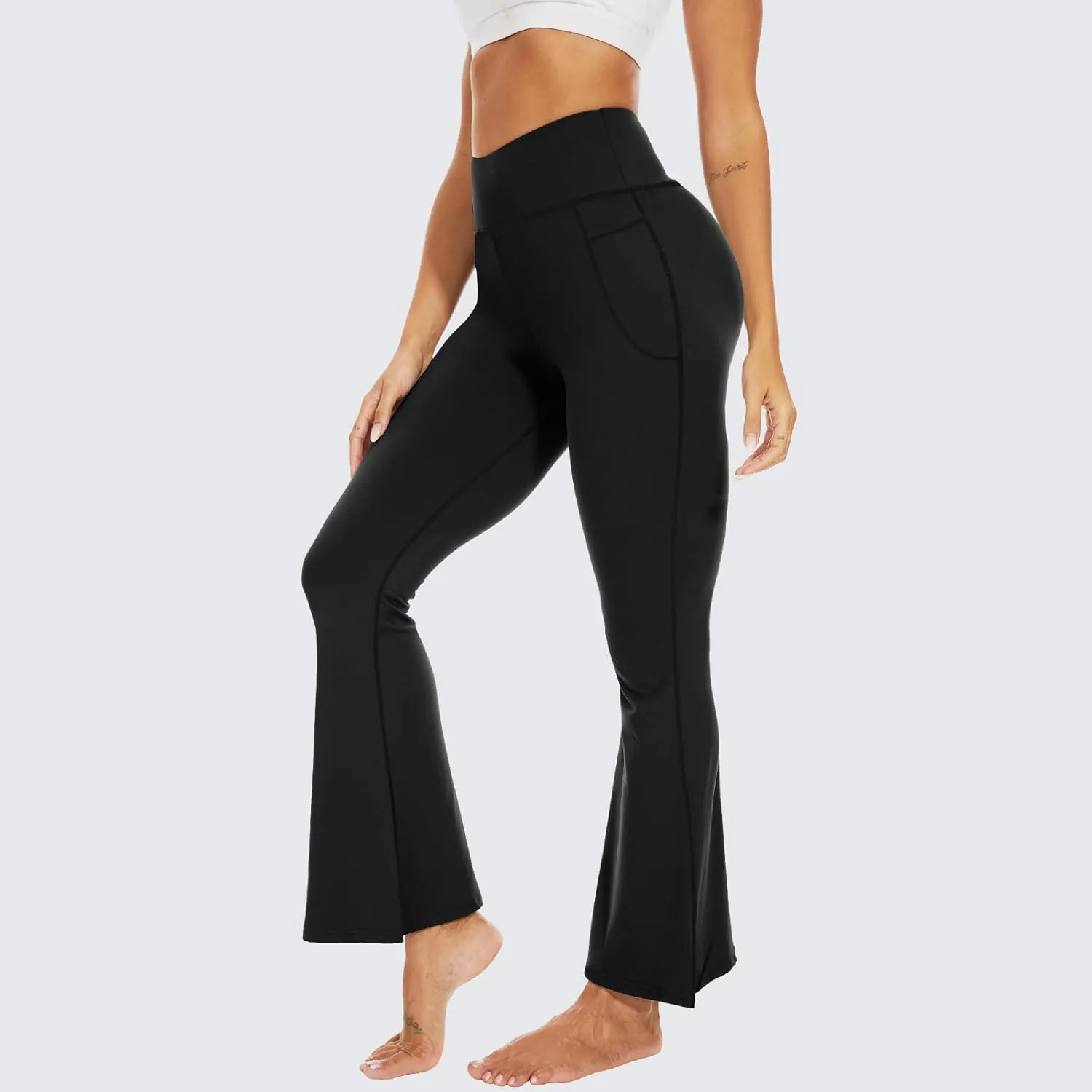 Sundwudu Black Flare Yoga Pants for Women - Soft High Waist Bootcut Leggings Tall & Long Bootleg Pants for Women