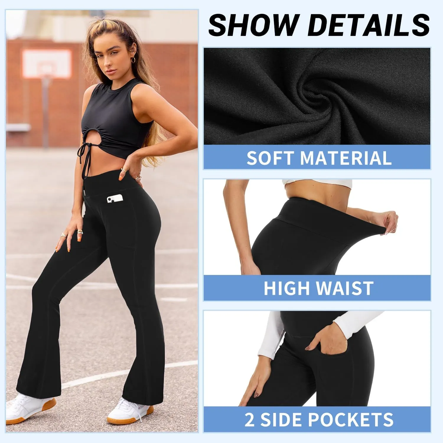 Sundwudu Black Flare Yoga Pants for Women - Soft High Waist Bootcut Leggings Tall & Long Bootleg Pants for Women