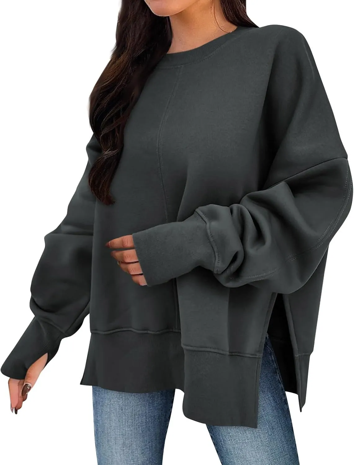 Sweaters for Women Oversized Sweatshirt Side Split Solid Plain Comfort Hoodie with Thumb Hole Fall Fashion 2024