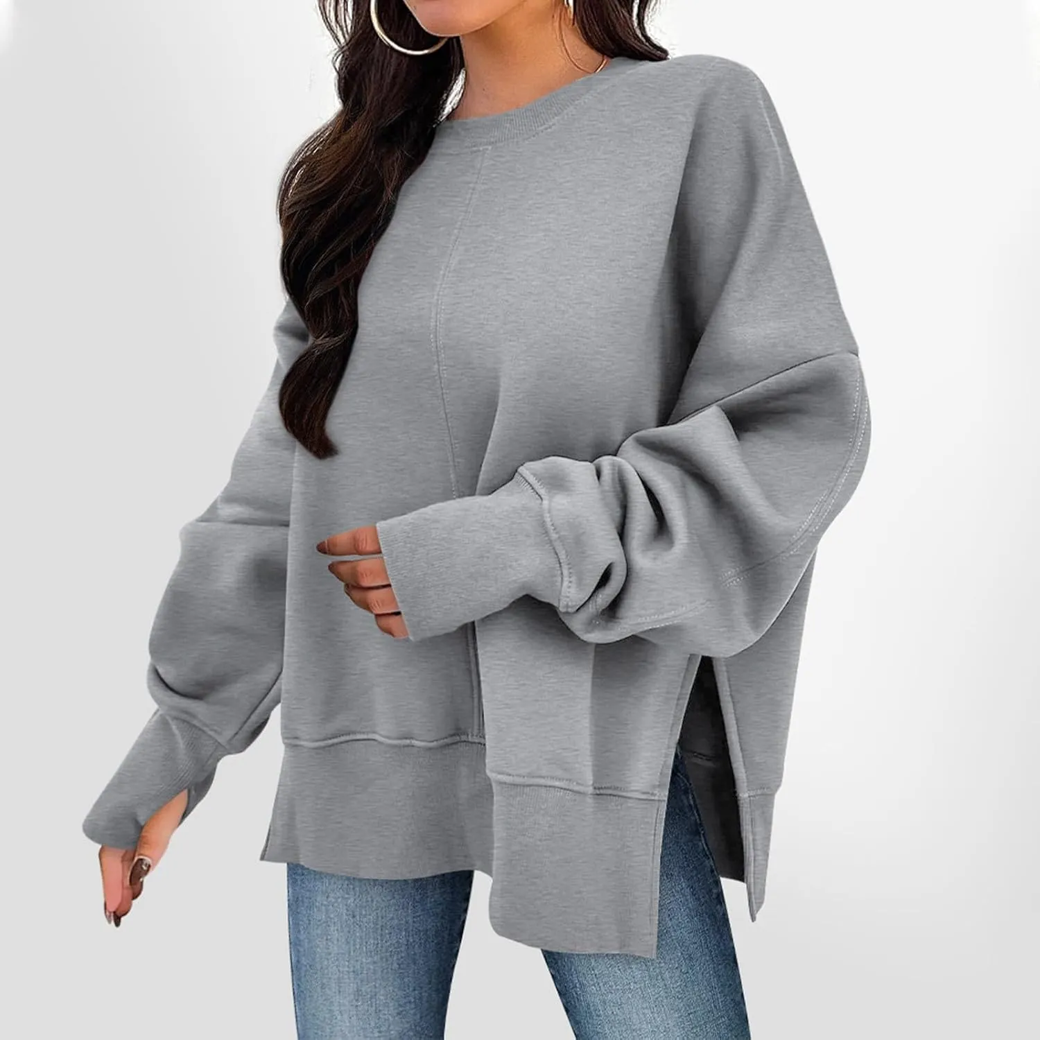 Sweaters for Women Oversized Sweatshirt Side Split Solid Plain Comfort Hoodie with Thumb Hole Fall Fashion 2024
