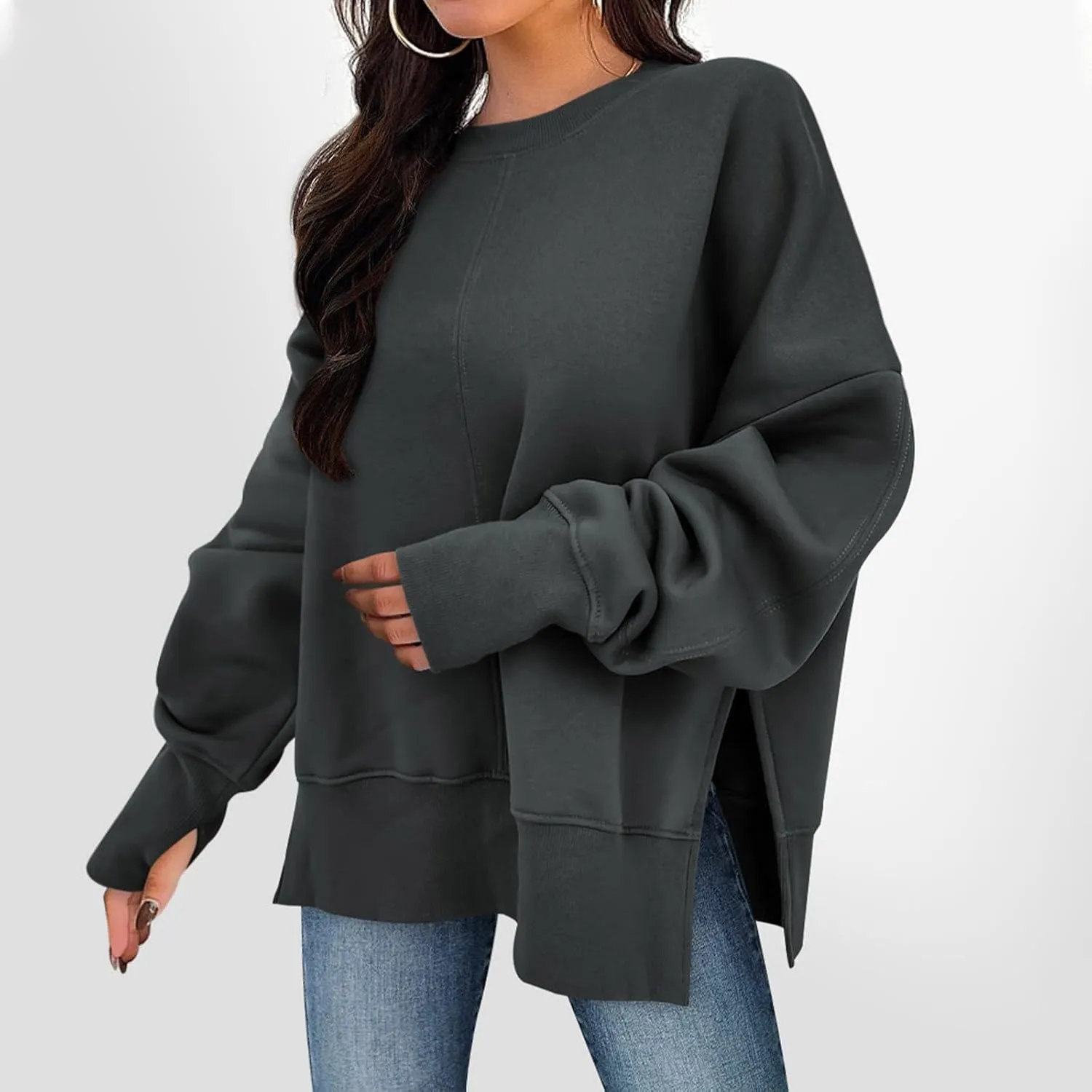 Sweaters for Women Oversized Sweatshirt Side Split Solid Plain Comfort Hoodie with Thumb Hole Fall Fashion 2024