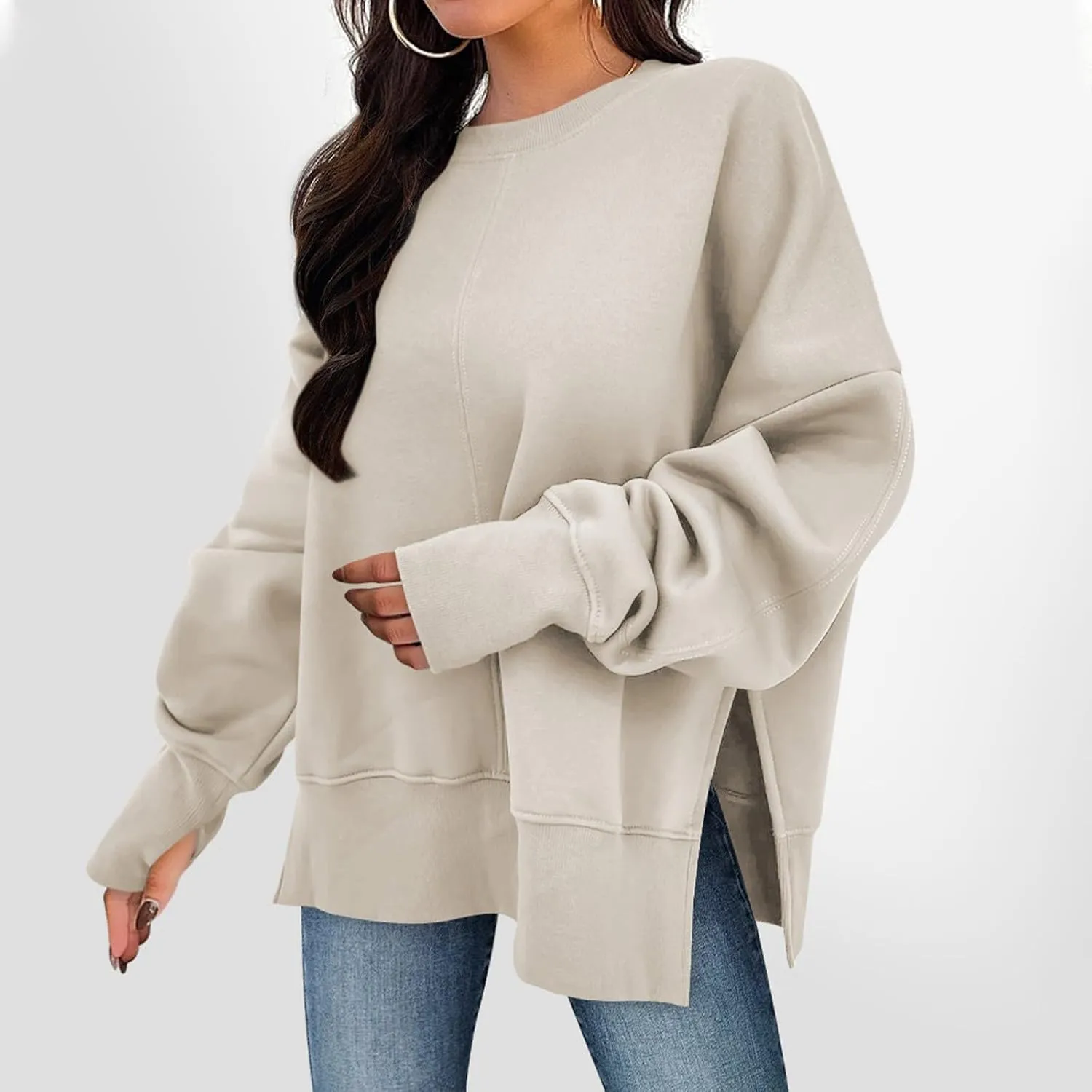 Sweaters for Women Oversized Sweatshirt Side Split Solid Plain Comfort Hoodie with Thumb Hole Fall Fashion 2024