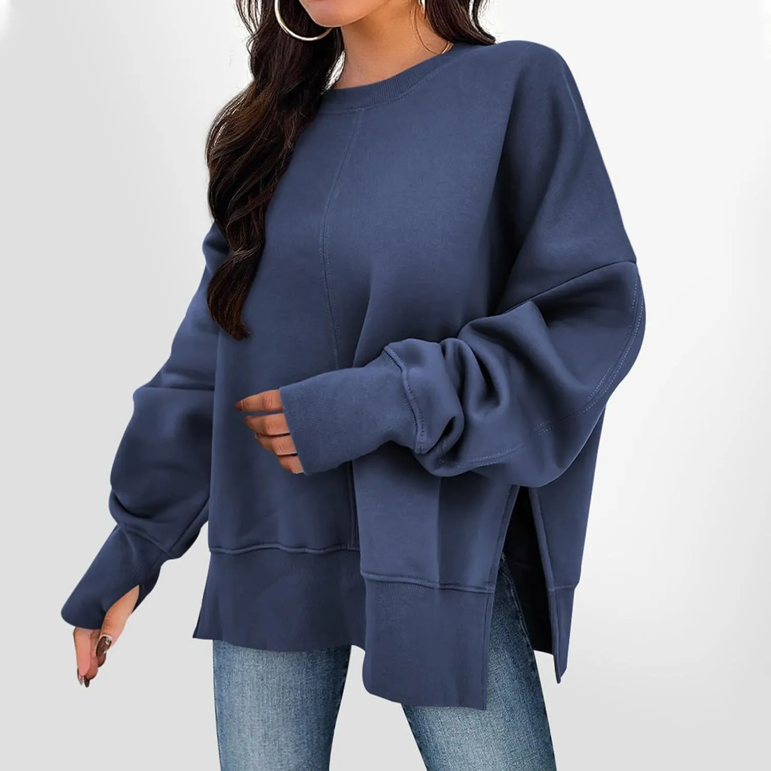 Sweaters for Women Oversized Sweatshirt Side Split Solid Plain Comfort Hoodie with Thumb Hole Fall Fashion 2024