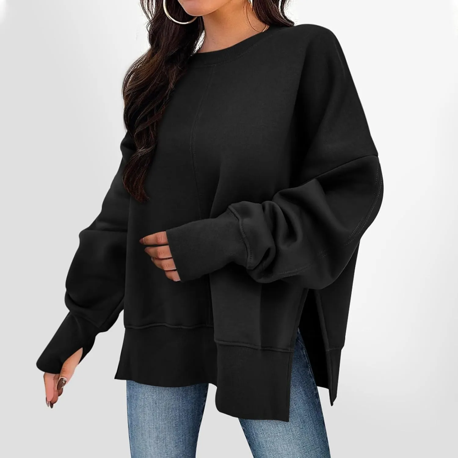 Sweaters for Women Oversized Sweatshirt Side Split Solid Plain Comfort Hoodie with Thumb Hole Fall Fashion 2024