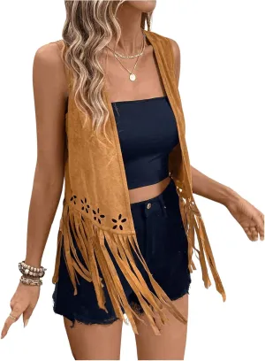 SweatyRocks Women's Fringe Open Front Vest Hollow Out Sleeveless Western Vest Tassel Jackets