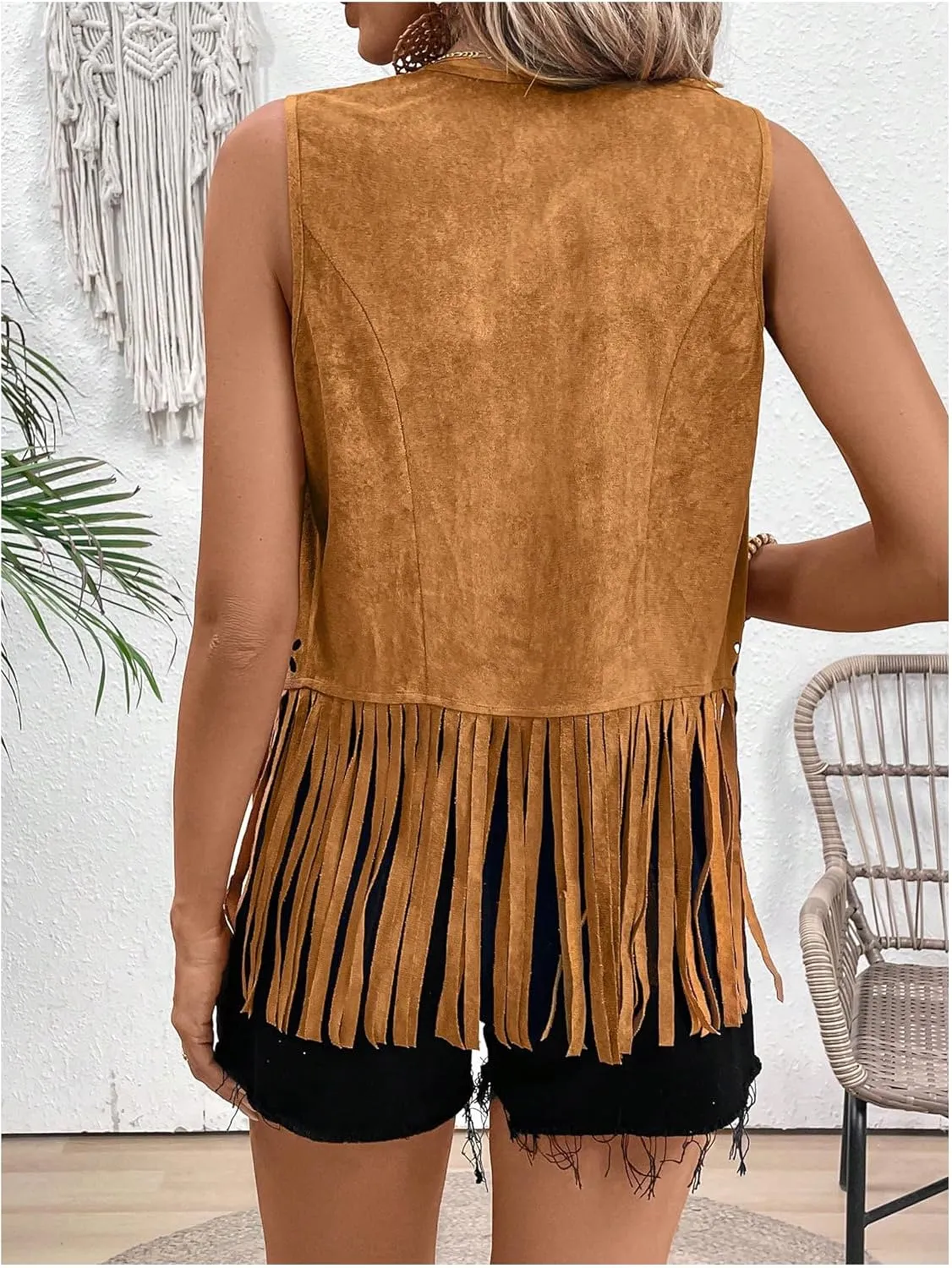 SweatyRocks Women's Fringe Open Front Vest Hollow Out Sleeveless Western Vest Tassel Jackets