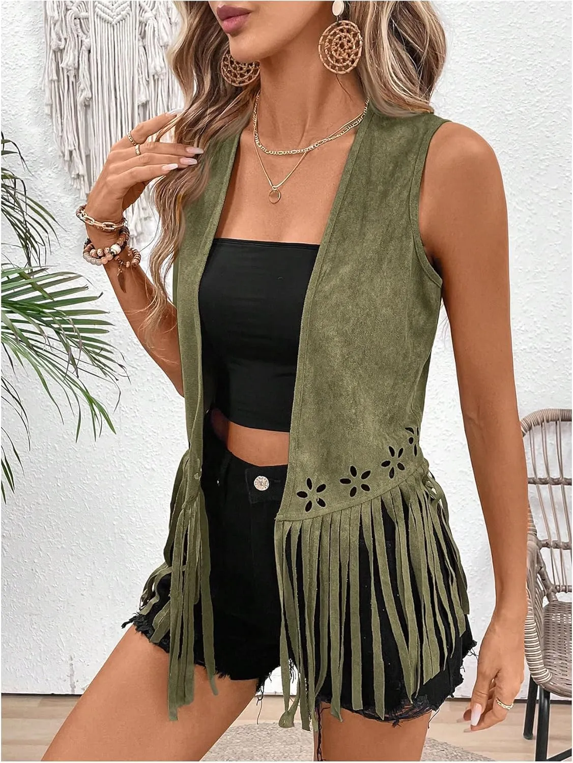 SweatyRocks Women's Fringe Open Front Vest Hollow Out Sleeveless Western Vest Tassel Jackets