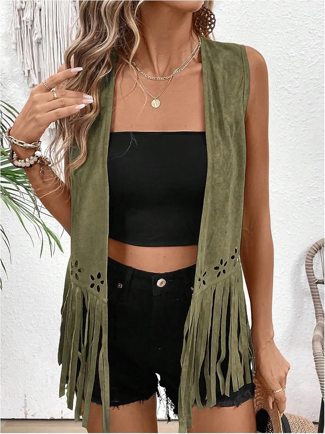 SweatyRocks Women's Fringe Open Front Vest Hollow Out Sleeveless Western Vest Tassel Jackets