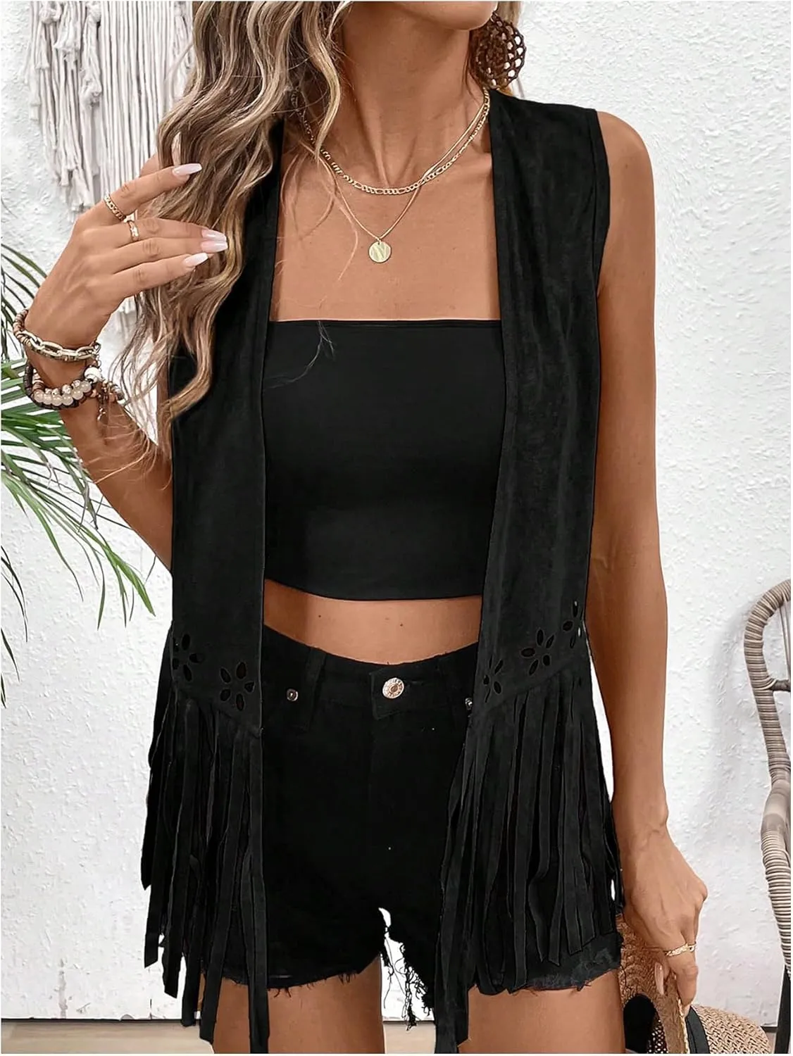 SweatyRocks Women's Fringe Open Front Vest Hollow Out Sleeveless Western Vest Tassel Jackets