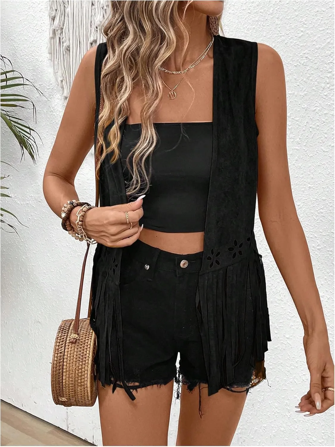 SweatyRocks Women's Fringe Open Front Vest Hollow Out Sleeveless Western Vest Tassel Jackets