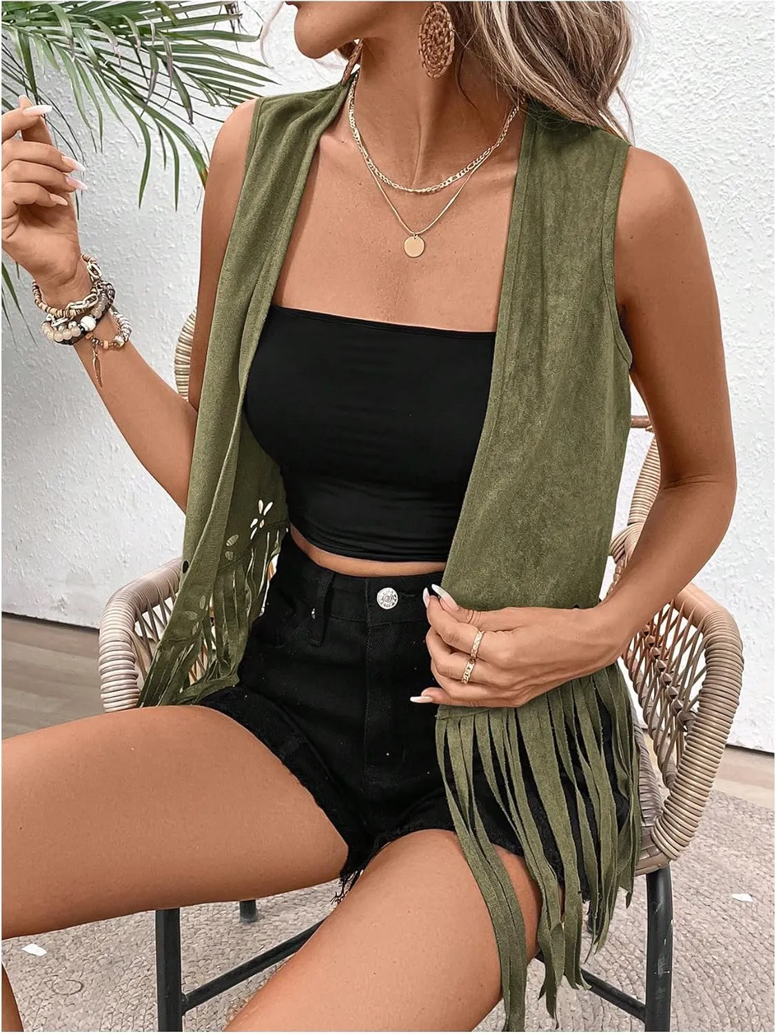 SweatyRocks Women's Fringe Open Front Vest Hollow Out Sleeveless Western Vest Tassel Jackets