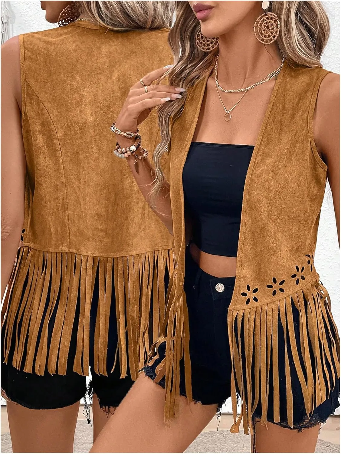 SweatyRocks Women's Fringe Open Front Vest Hollow Out Sleeveless Western Vest Tassel Jackets