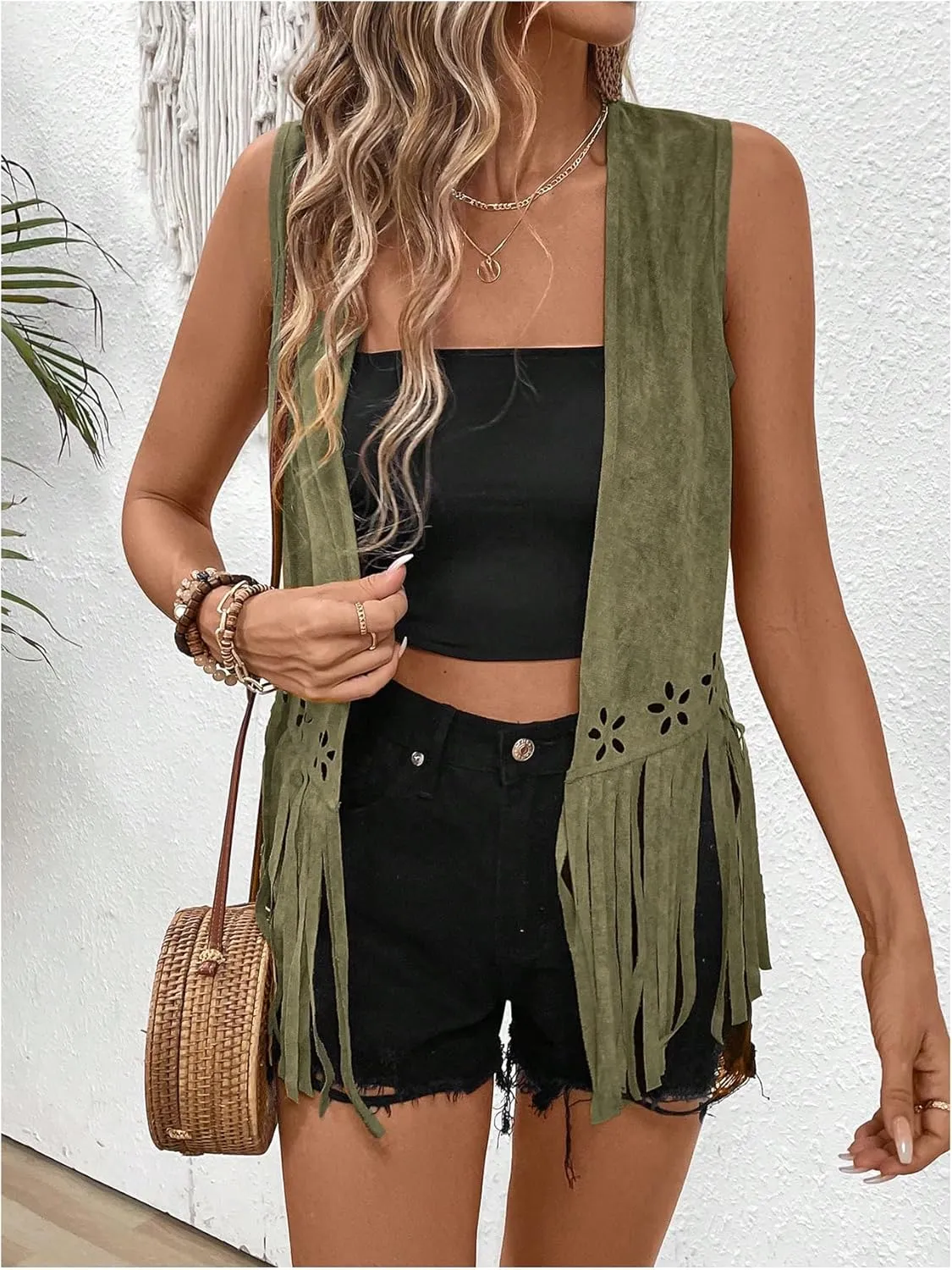 SweatyRocks Women's Fringe Open Front Vest Hollow Out Sleeveless Western Vest Tassel Jackets