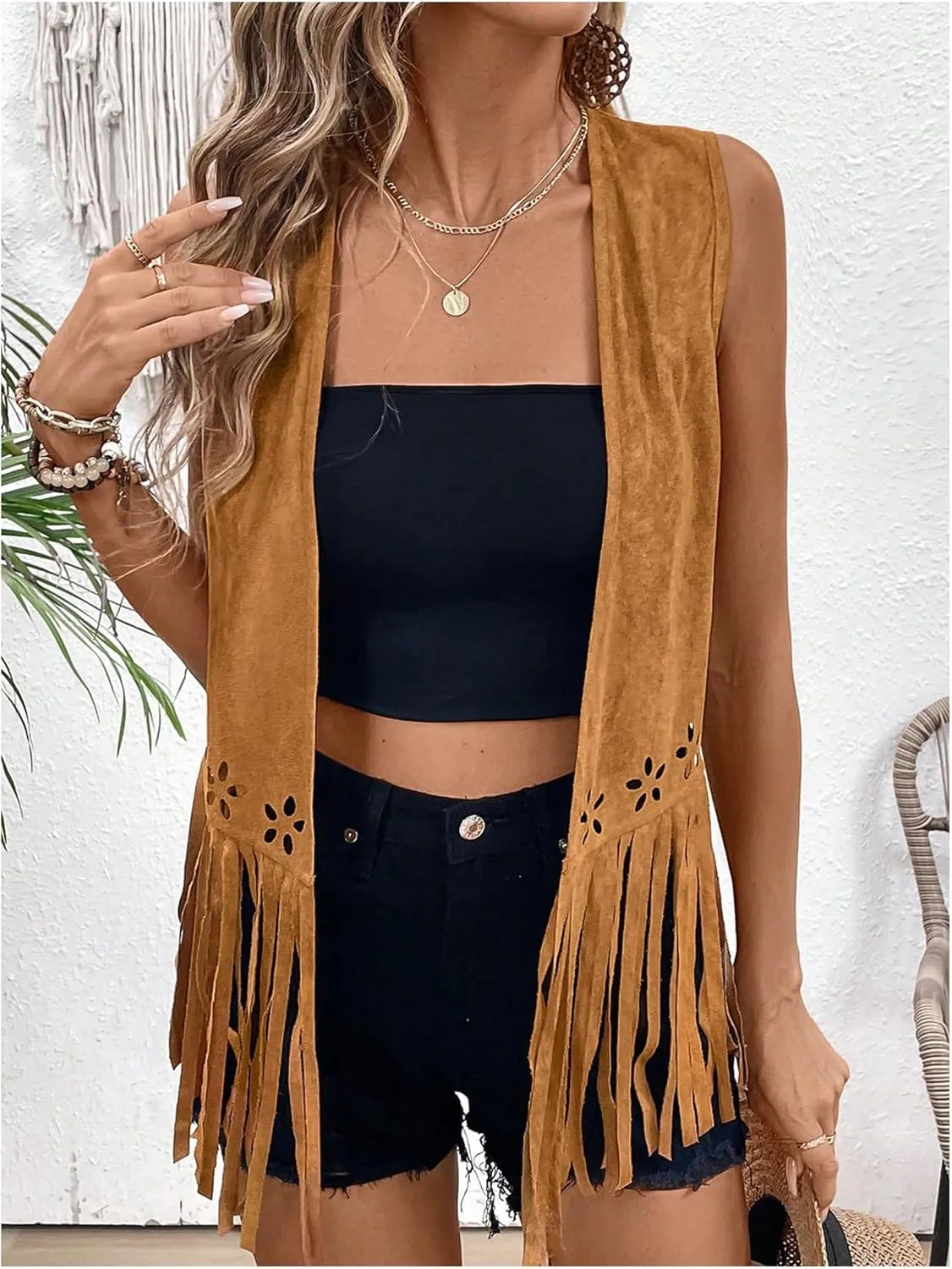 SweatyRocks Women's Fringe Open Front Vest Hollow Out Sleeveless Western Vest Tassel Jackets