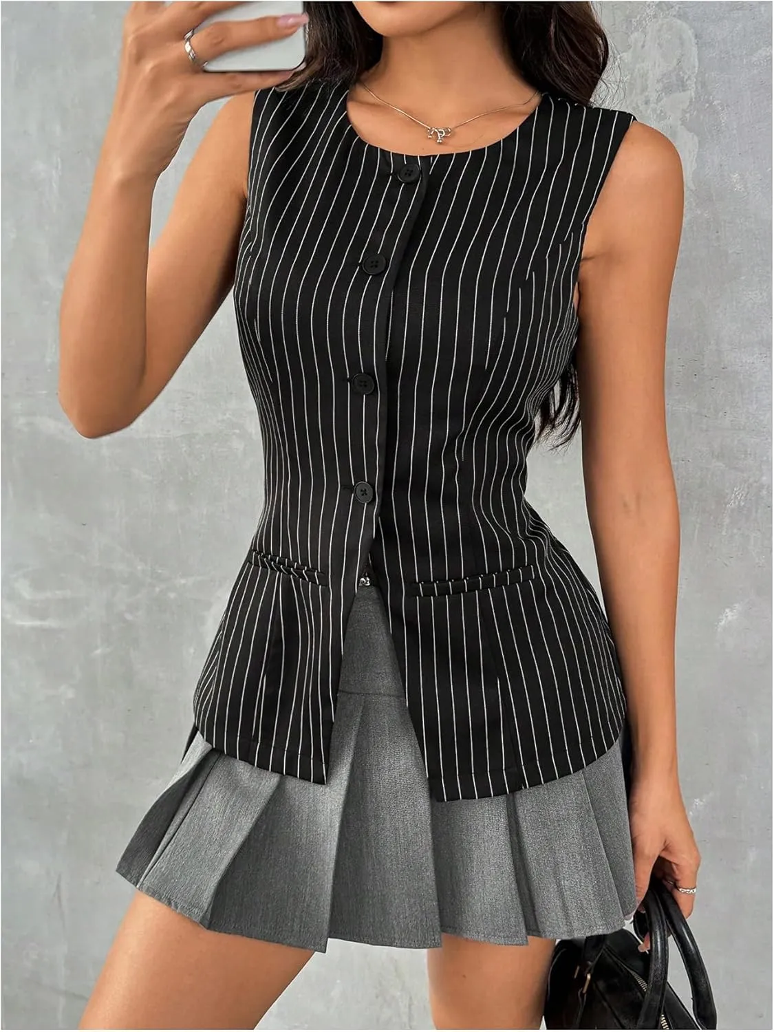 SweatyRocks Women's Split Button Down Blazer Vest Crewneck Sleeveless Suit Vest Jackets