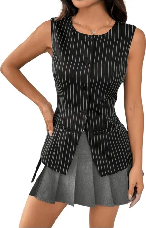 SweatyRocks Women's Split Button Down Blazer Vest Crewneck Sleeveless Suit Vest Jackets