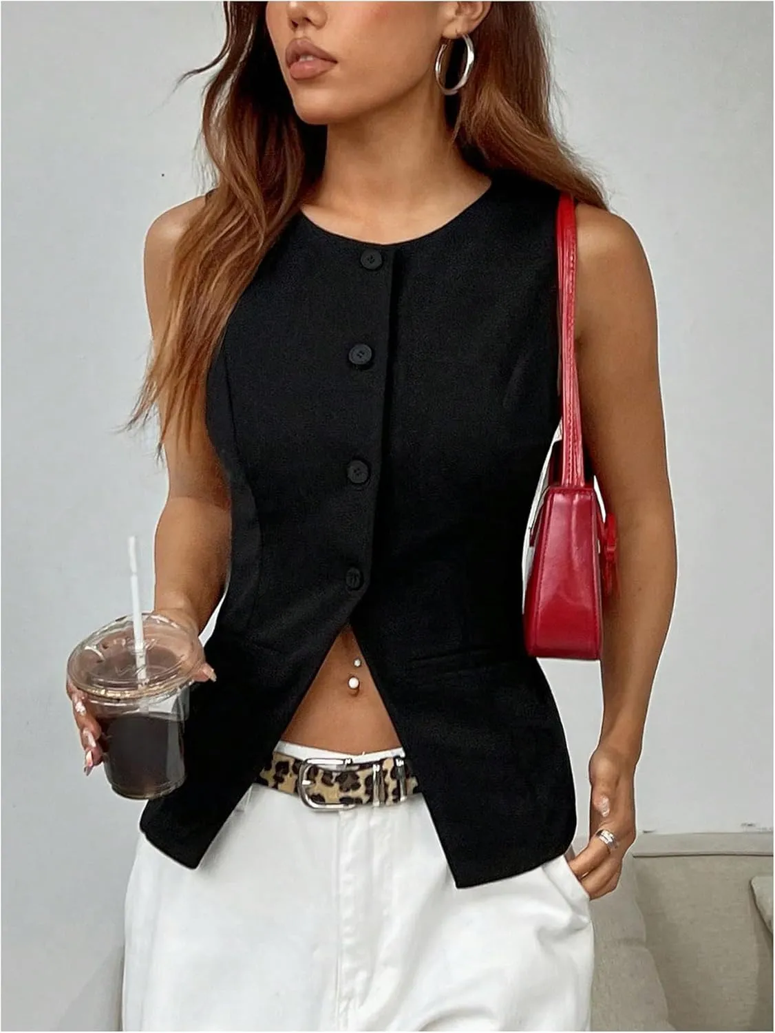 SweatyRocks Women's Split Button Down Blazer Vest Crewneck Sleeveless Suit Vest Jackets
