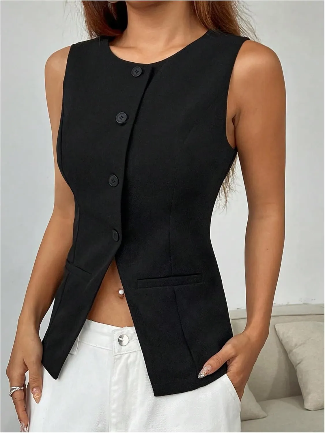 SweatyRocks Women's Split Button Down Blazer Vest Crewneck Sleeveless Suit Vest Jackets