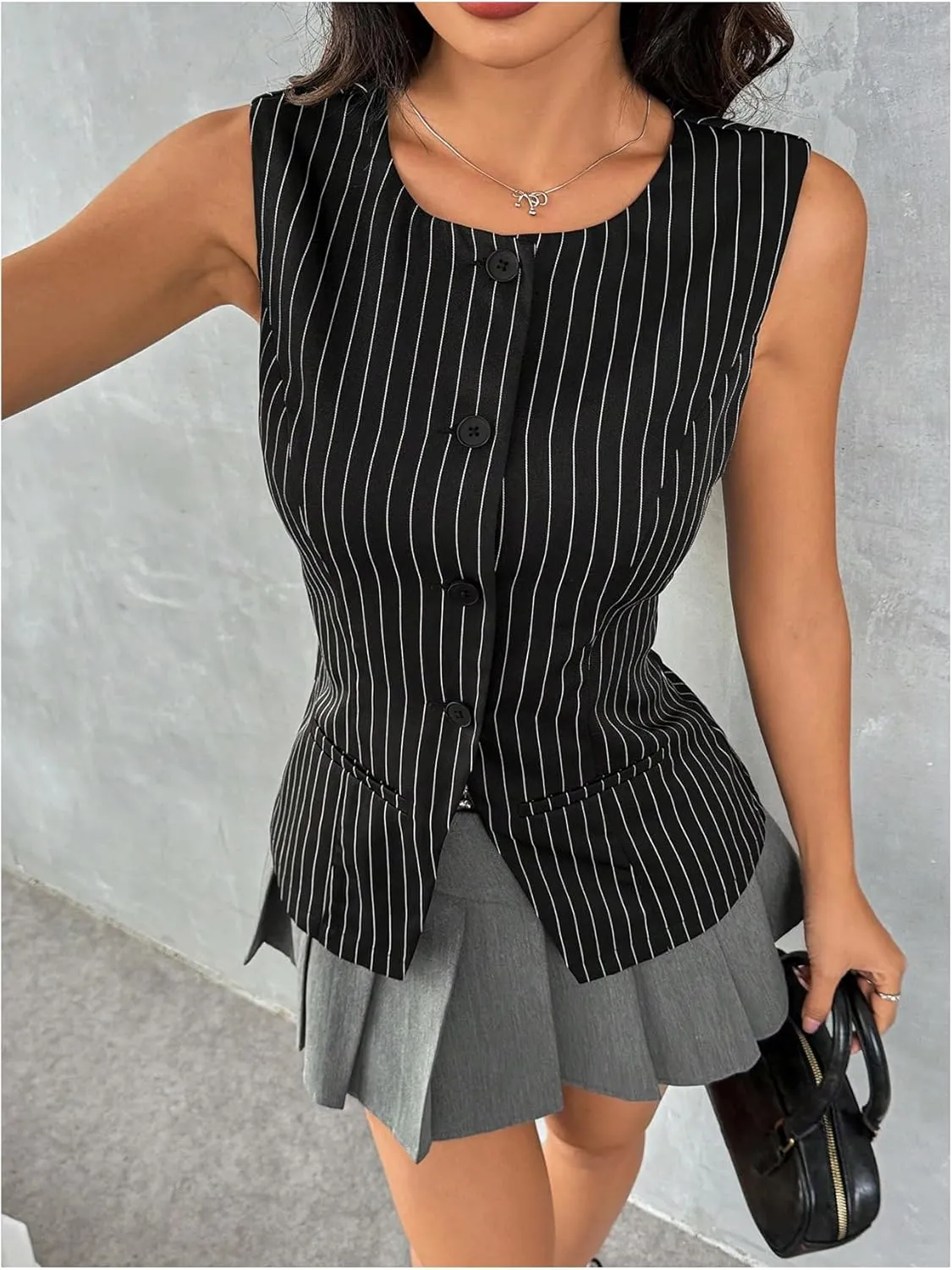 SweatyRocks Women's Split Button Down Blazer Vest Crewneck Sleeveless Suit Vest Jackets