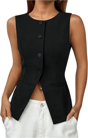 SweatyRocks Women's Split Button Down Blazer Vest Crewneck Sleeveless Suit Vest Jackets