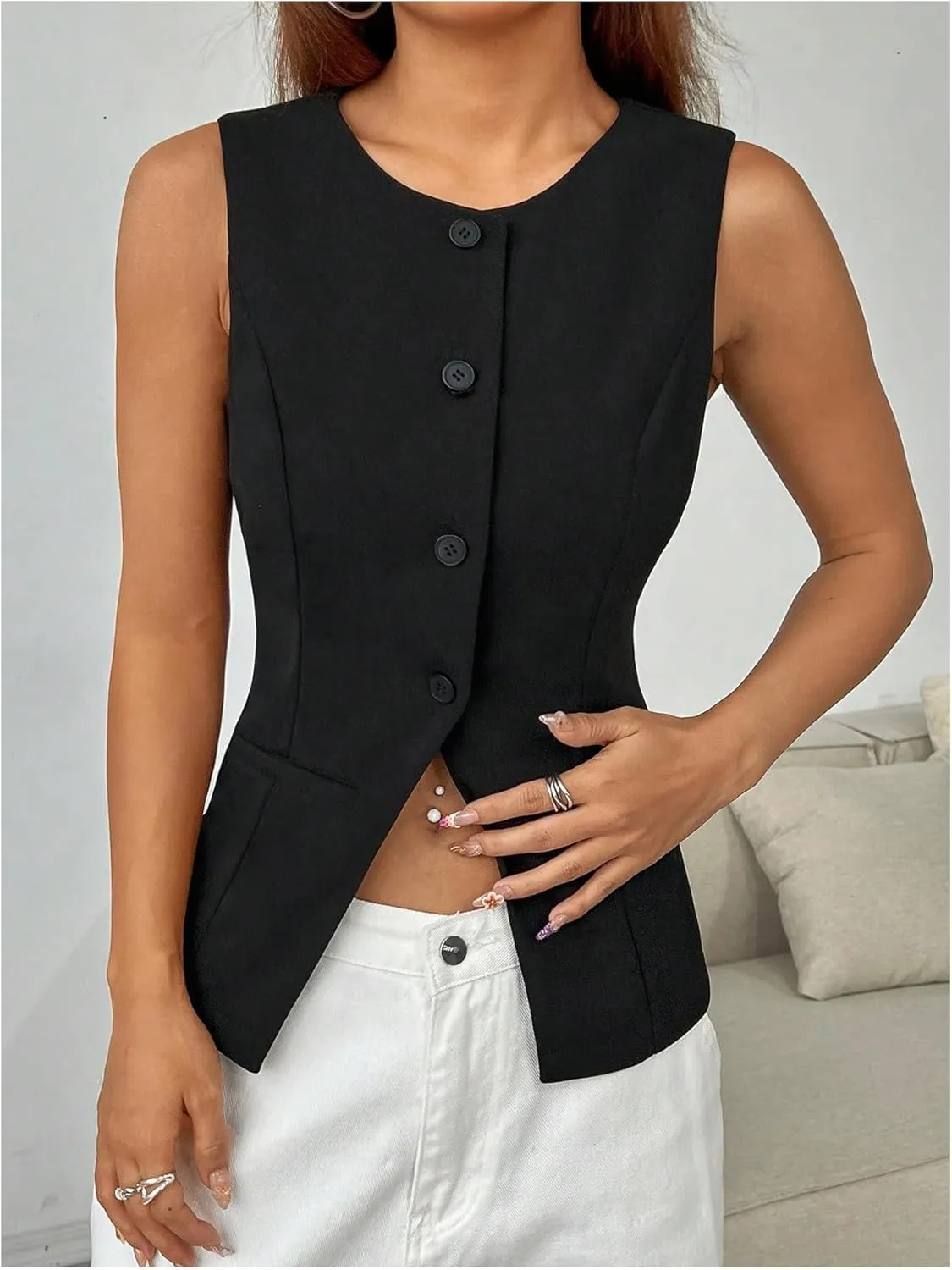 SweatyRocks Women's Split Button Down Blazer Vest Crewneck Sleeveless Suit Vest Jackets