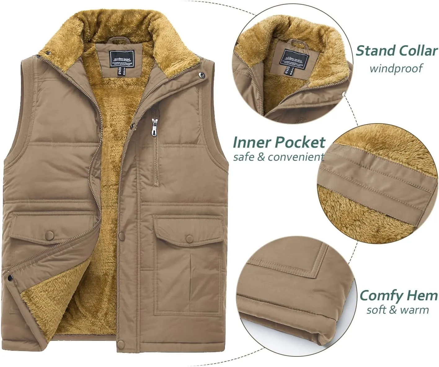 TACVASEN Men's Winter Vests Sleeveless Jackets Casual Outerwear Warm Fleece Lined Stand Collar Padded Coat