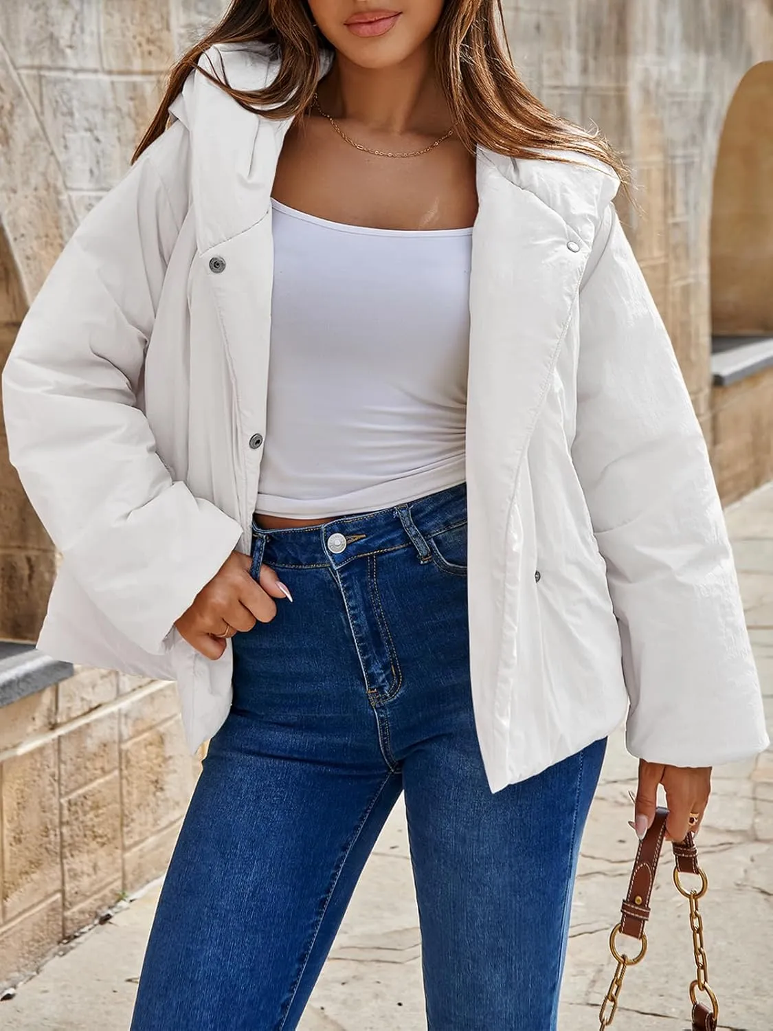 Tankaneo Womens Cropped Puffer Coat Hoodies Oversized Lightweight Winter Jacket Warm Long Sleeve Outerwear