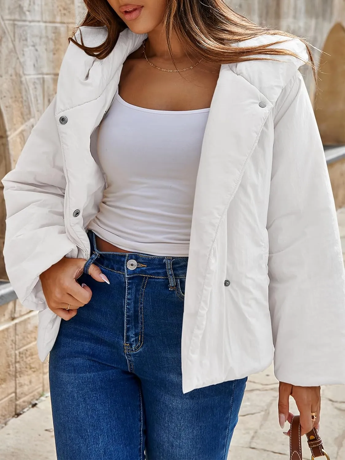 Tankaneo Womens Cropped Puffer Coat Hoodies Oversized Lightweight Winter Jacket Warm Long Sleeve Outerwear