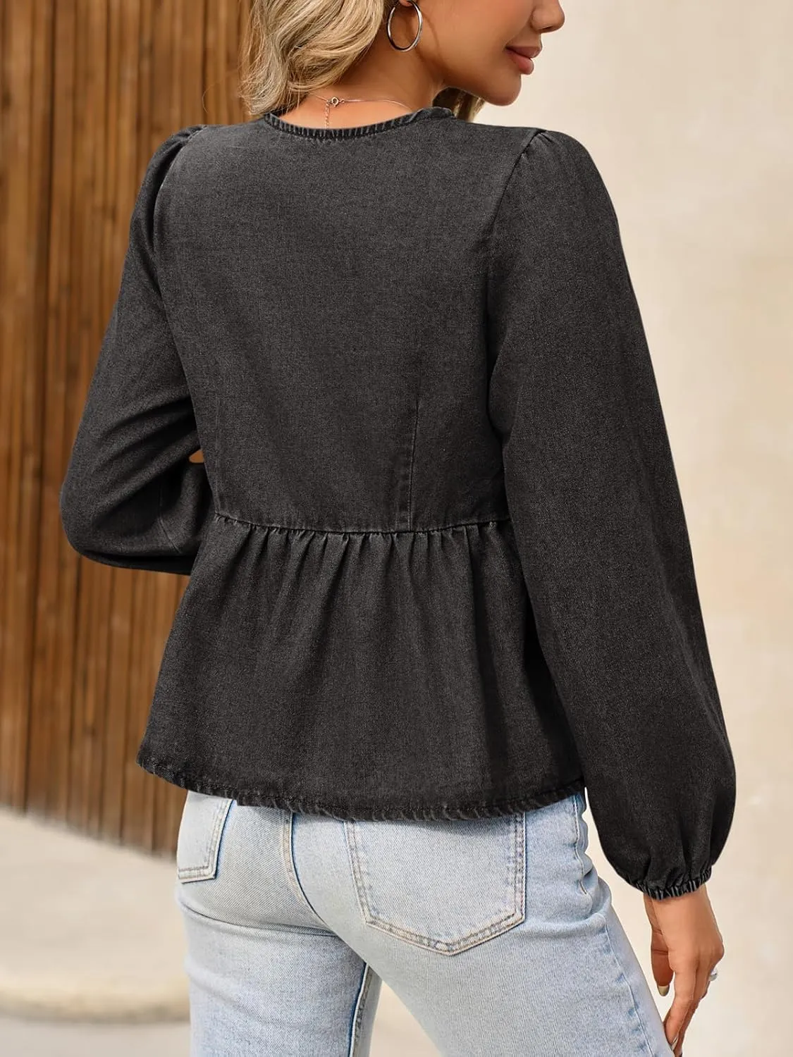 Tankaneo Womens Denim Tie Front Tops Babydoll Peplum Cute Blouse Puff Long Sleeve Going Out Jean Shirts