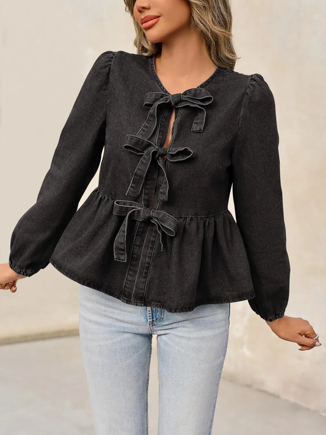 Tankaneo Womens Denim Tie Front Tops Babydoll Peplum Cute Blouse Puff Long Sleeve Going Out Jean Shirts