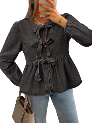 Tankaneo Womens Denim Tie Front Tops Babydoll Peplum Cute Blouse Puff Long Sleeve Going Out Jean Shirts
