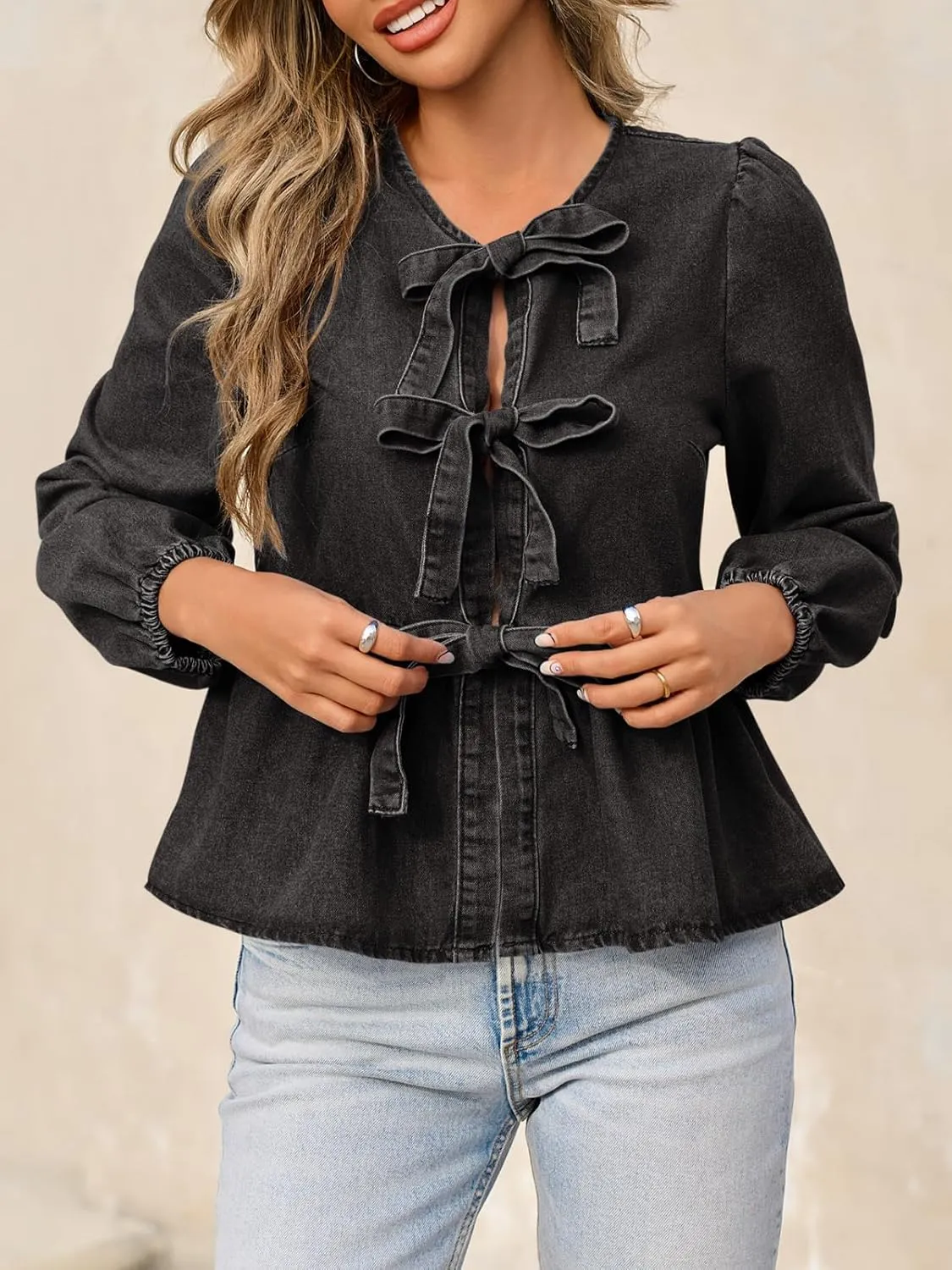 Tankaneo Womens Denim Tie Front Tops Babydoll Peplum Cute Blouse Puff Long Sleeve Going Out Jean Shirts