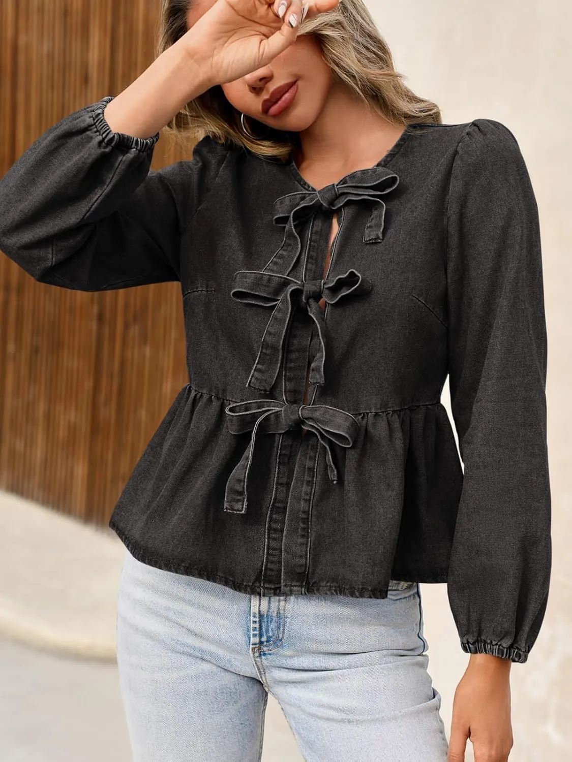 Tankaneo Womens Denim Tie Front Tops Babydoll Peplum Cute Blouse Puff Long Sleeve Going Out Jean Shirts