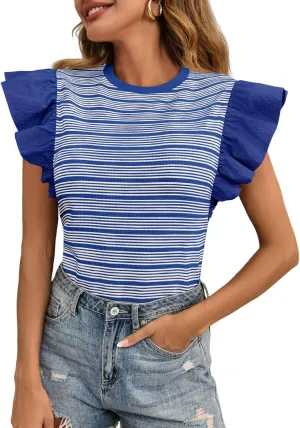Tankaneo Womens Ruffle Striped Tank Tops Summer Crew Neck Sleeveless Shirts Loose Fit Dressy Casual Blouse