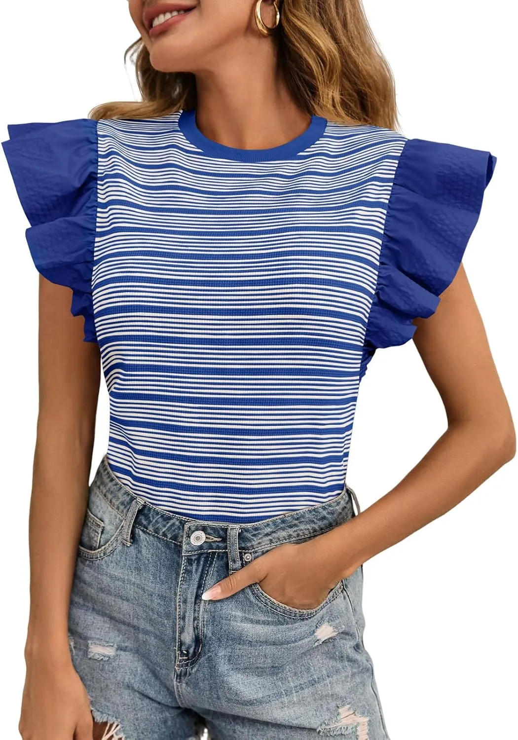 Tankaneo Womens Ruffle Striped Tank Tops Summer Crew Neck Sleeveless Shirts Loose Fit Dressy Casual Blouse