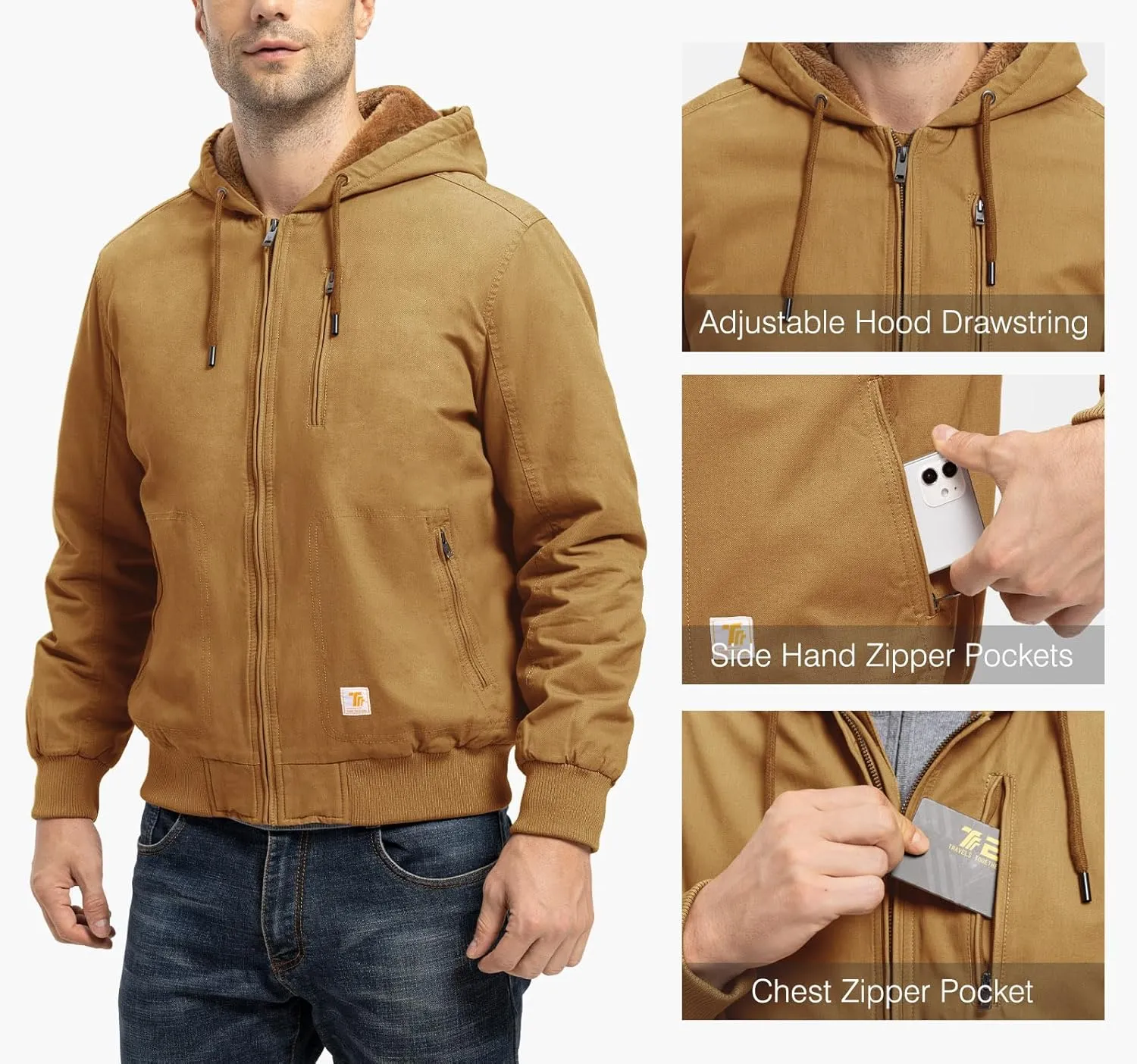 TBMPOY Men's Winter Jackets Hooded Work Cotton FLeece Lined Duck Coats Flannel Active Workwear Coat