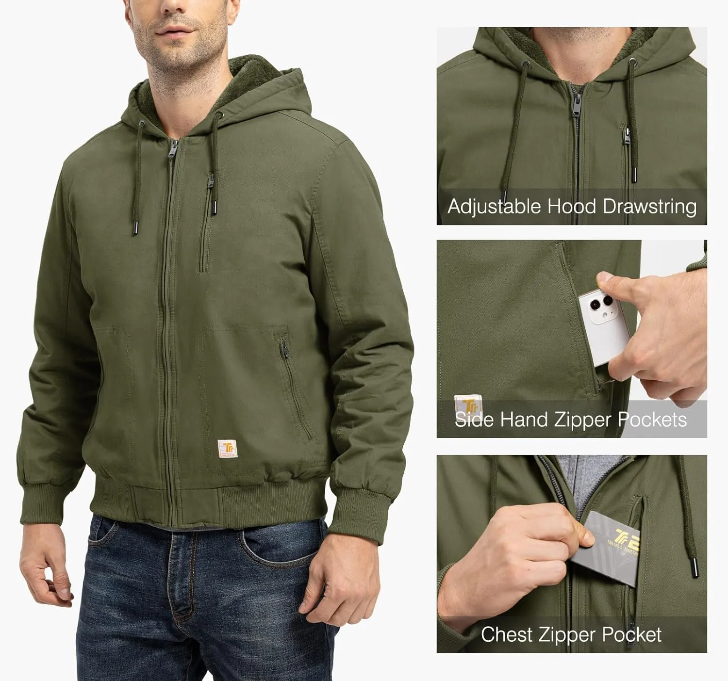 TBMPOY Men's Winter Jackets Hooded Work Cotton FLeece Lined Duck Coats Flannel Active Workwear Coat
