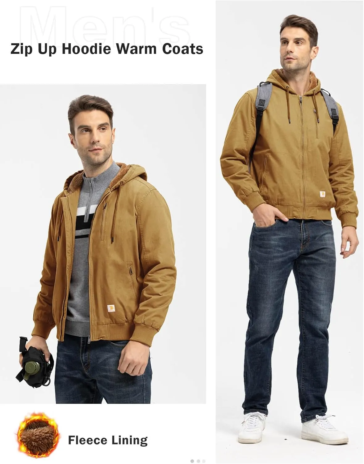 TBMPOY Men's Winter Jackets Hooded Work Cotton FLeece Lined Duck Coats Flannel Active Workwear Coat