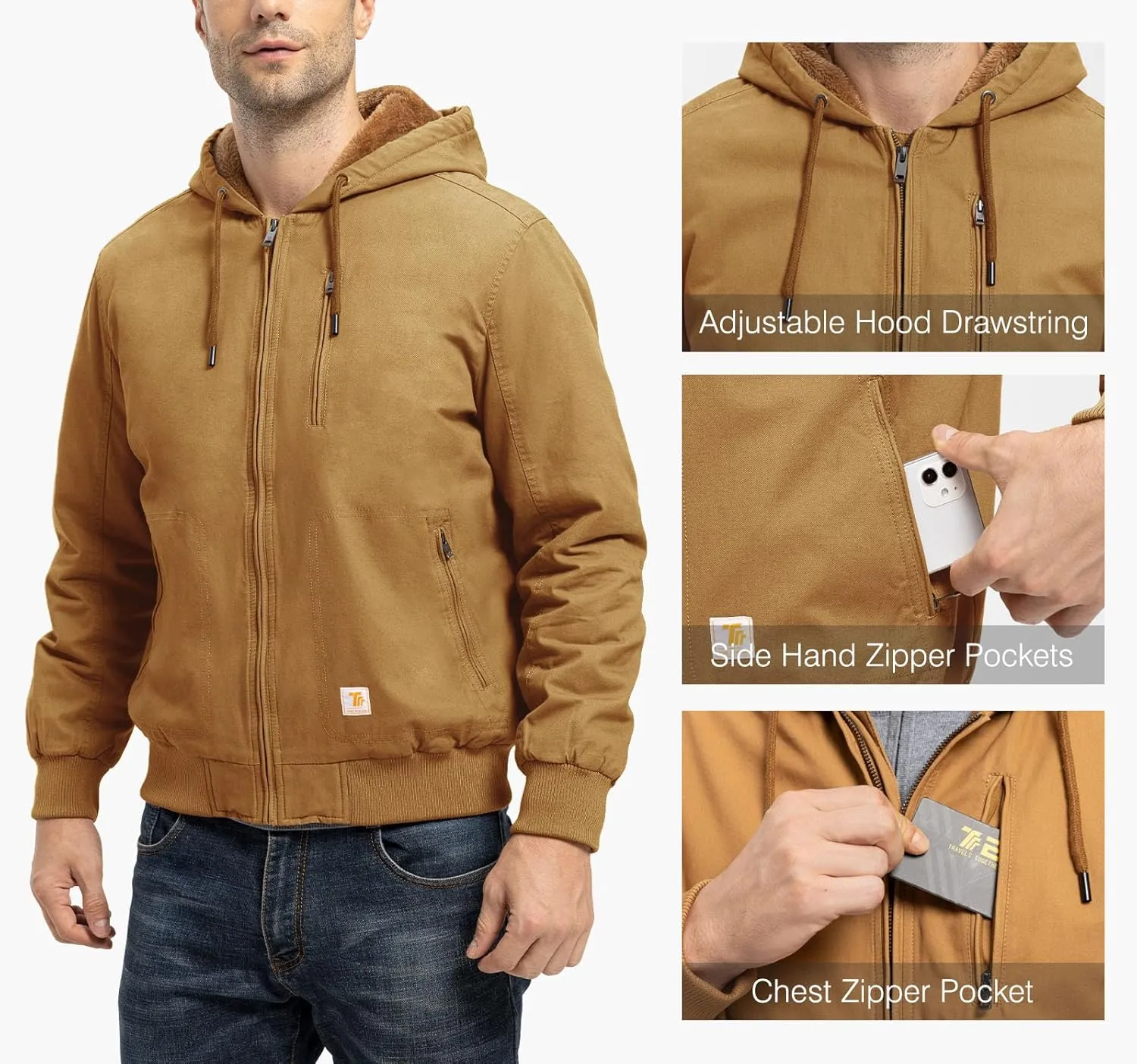 TBMPOY Men's Winter Jackets Hooded Work Cotton FLeece Lined Duck Coats Flannel Active Workwear Coat