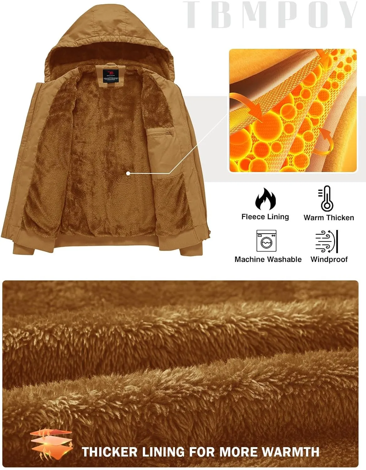 TBMPOY Men's Winter Jackets Hooded Work Cotton FLeece Lined Duck Coats Flannel Active Workwear Coat