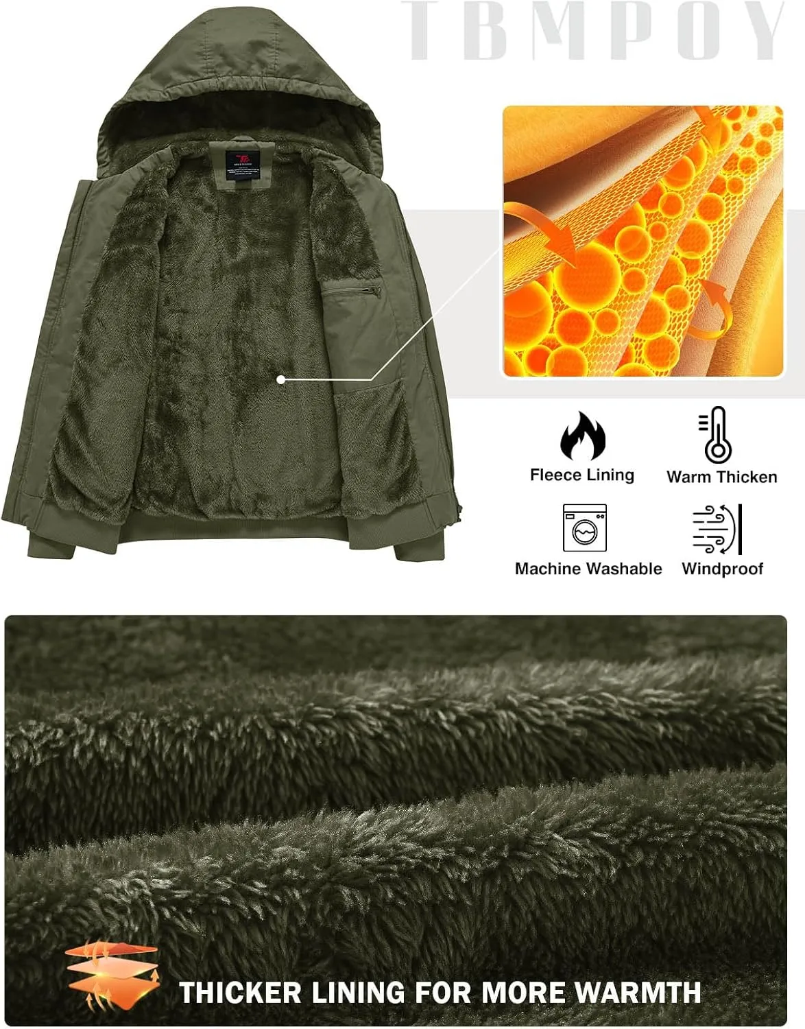 TBMPOY Men's Winter Jackets Hooded Work Cotton FLeece Lined Duck Coats Flannel Active Workwear Coat
