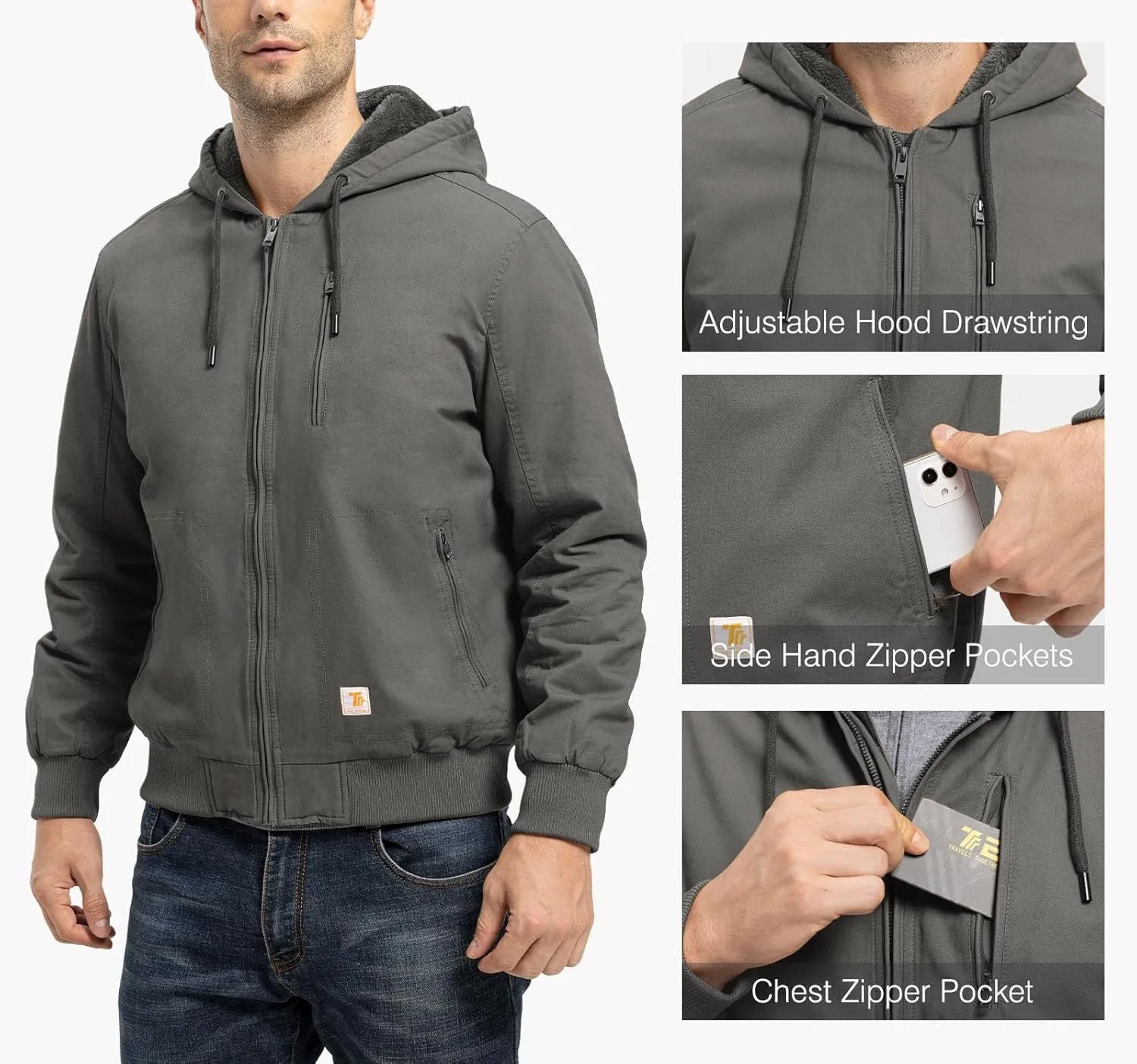 TBMPOY Men's Winter Jackets Hooded Work Cotton FLeece Lined Duck Coats Flannel Active Workwear Coat
