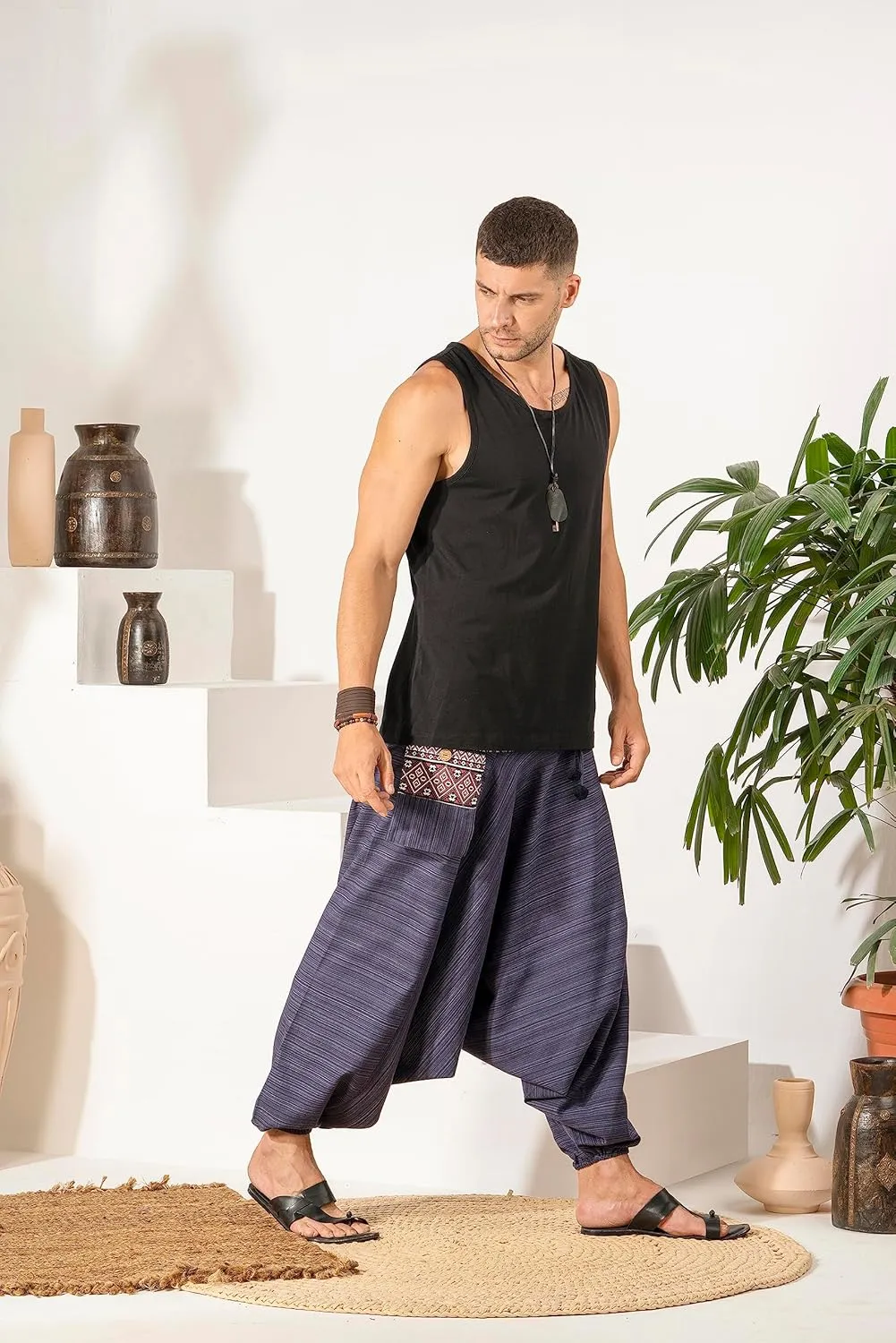The Veshti Company Soft Boho Harem Pants Pajama for Men, 100% Cotton High Waisted Harem Yoga Bottoms for Him