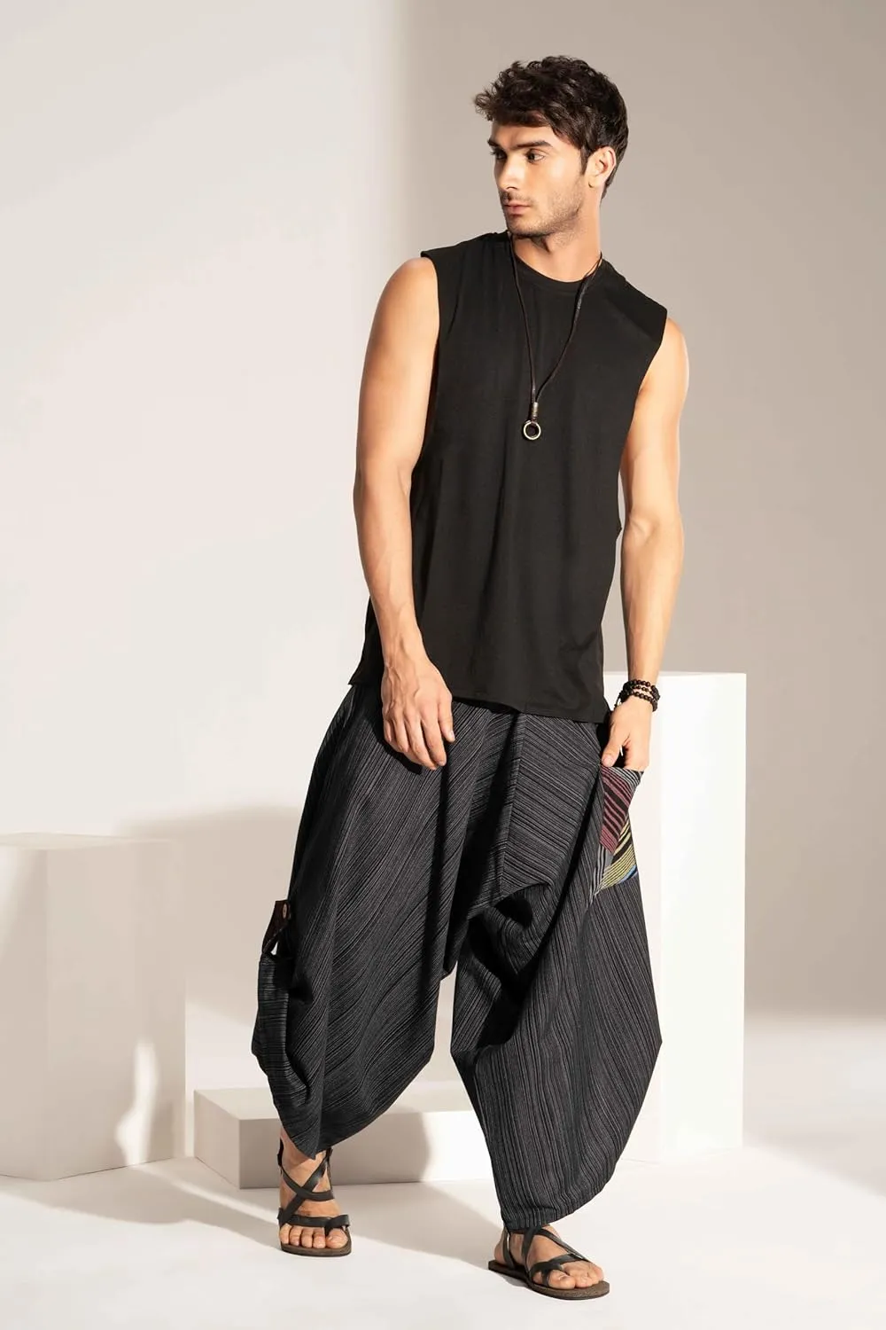 The Veshti Company Soft Boho Harem Pants Pajama for Men, 100% Cotton High Waisted Harem Yoga Bottoms for Him