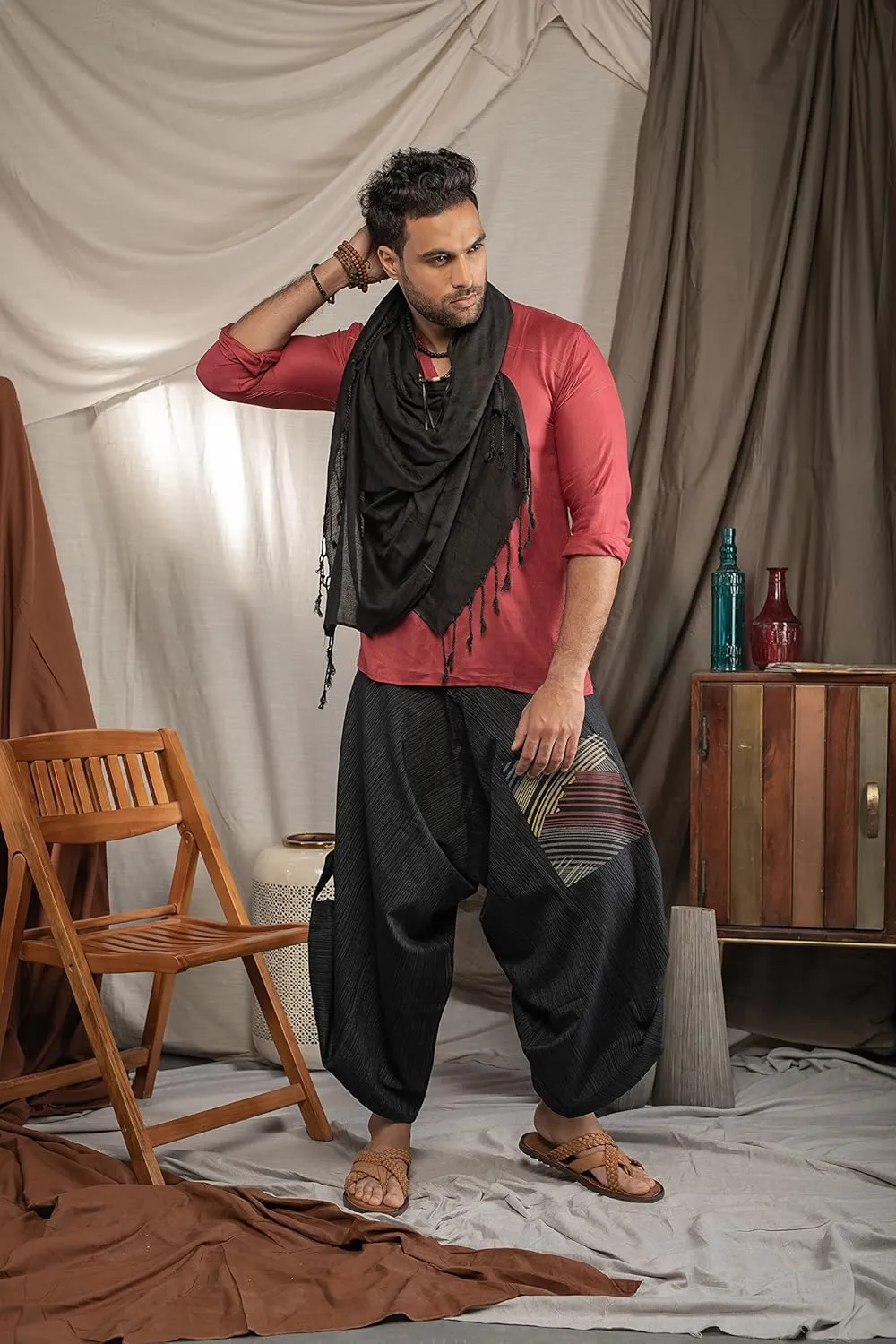 The Veshti Company Soft Boho Harem Pants Pajama for Men, 100% Cotton High Waisted Harem Yoga Bottoms for Him