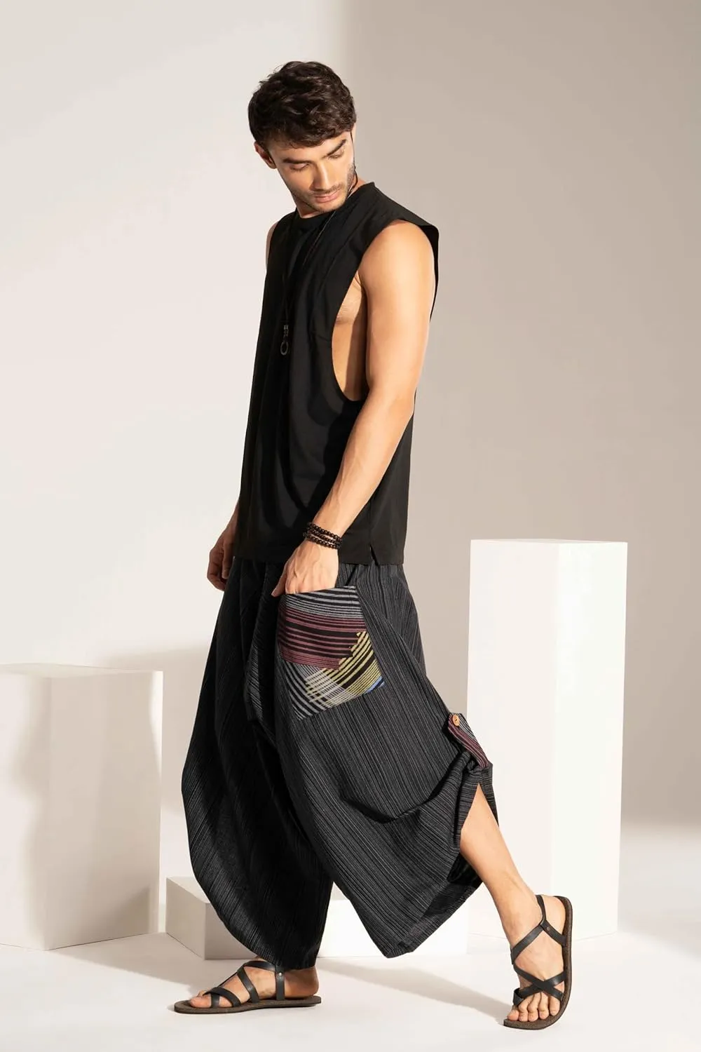 The Veshti Company Soft Boho Harem Pants Pajama for Men, 100% Cotton High Waisted Harem Yoga Bottoms for Him
